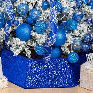 XmasExp Christmas Tree Collar, 33.5 inch Sequin Tree Skirt Stand Base Cover for Home Decor, Large Size 6 Piece, Blue