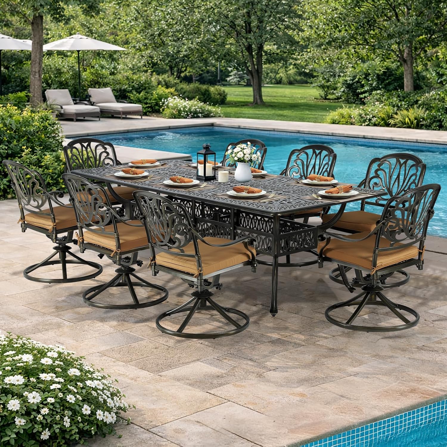 VIVIJASON 9-Piece Outdoor Dining Set, Cast Aluminum Retro Patio Furniture Table and Chairs Set for 8, Include 94.5" Rectangular Table and 8 Swivel Rocker Chairs with Umbrella Hole, Khaki Cushion