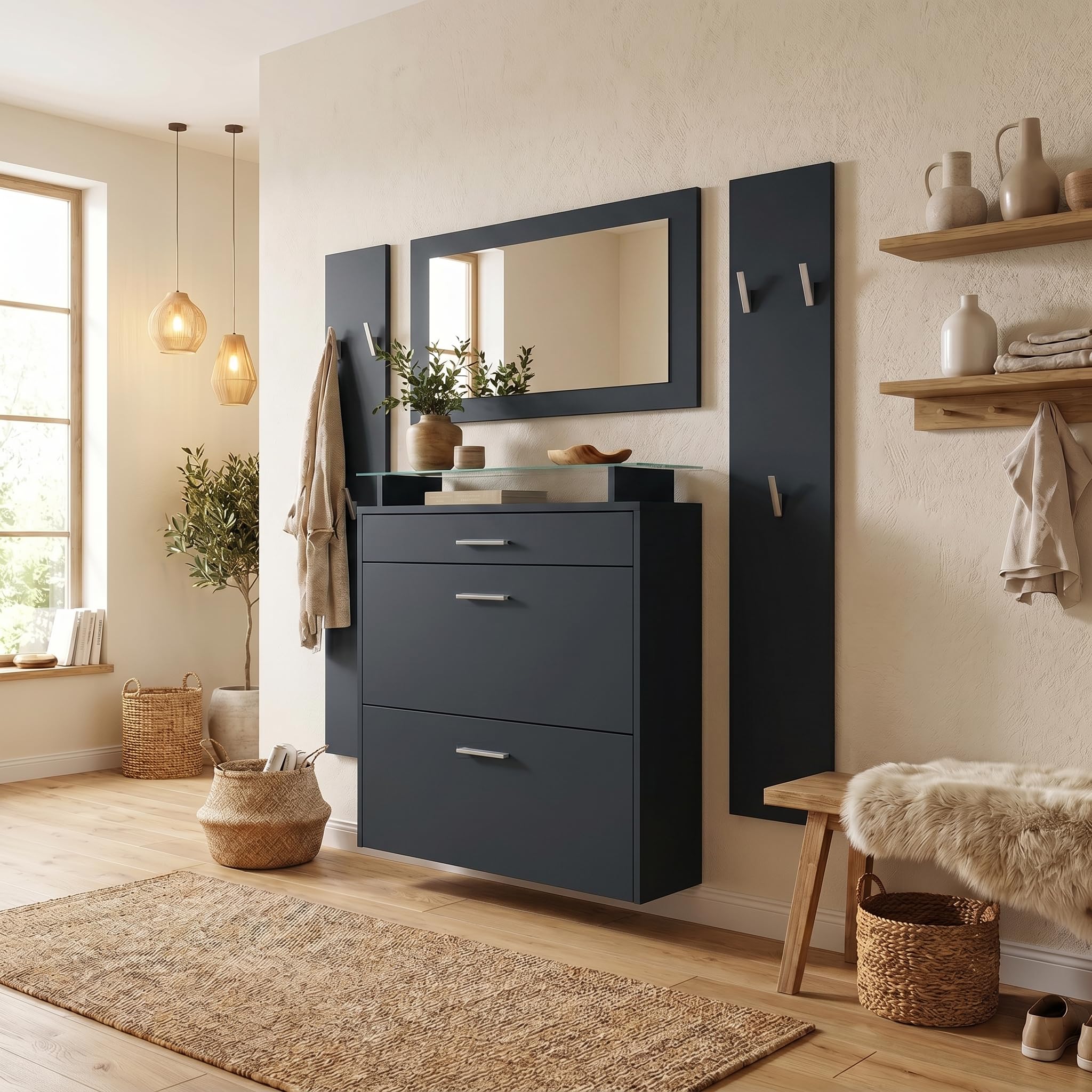 Vladon Penderie Malea, Meuble d’entrée Comprenant 1 Commode à Chaussures Murale, 1 Miroir Mural et 2 Panneaux Porte-Manteaux, Noir Mat/Noir Mat