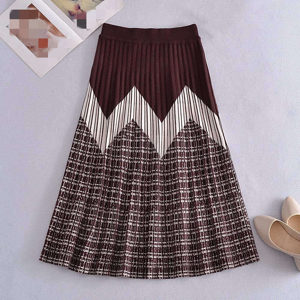 Faldas para Mujer Reino Unido,Falda De Invierno A Cuadros Cintura Elástica Onda Falda Plisada De Talle Alto De Punto Negro Faldas Plisadas Midi Acampanadas para(Coffee)