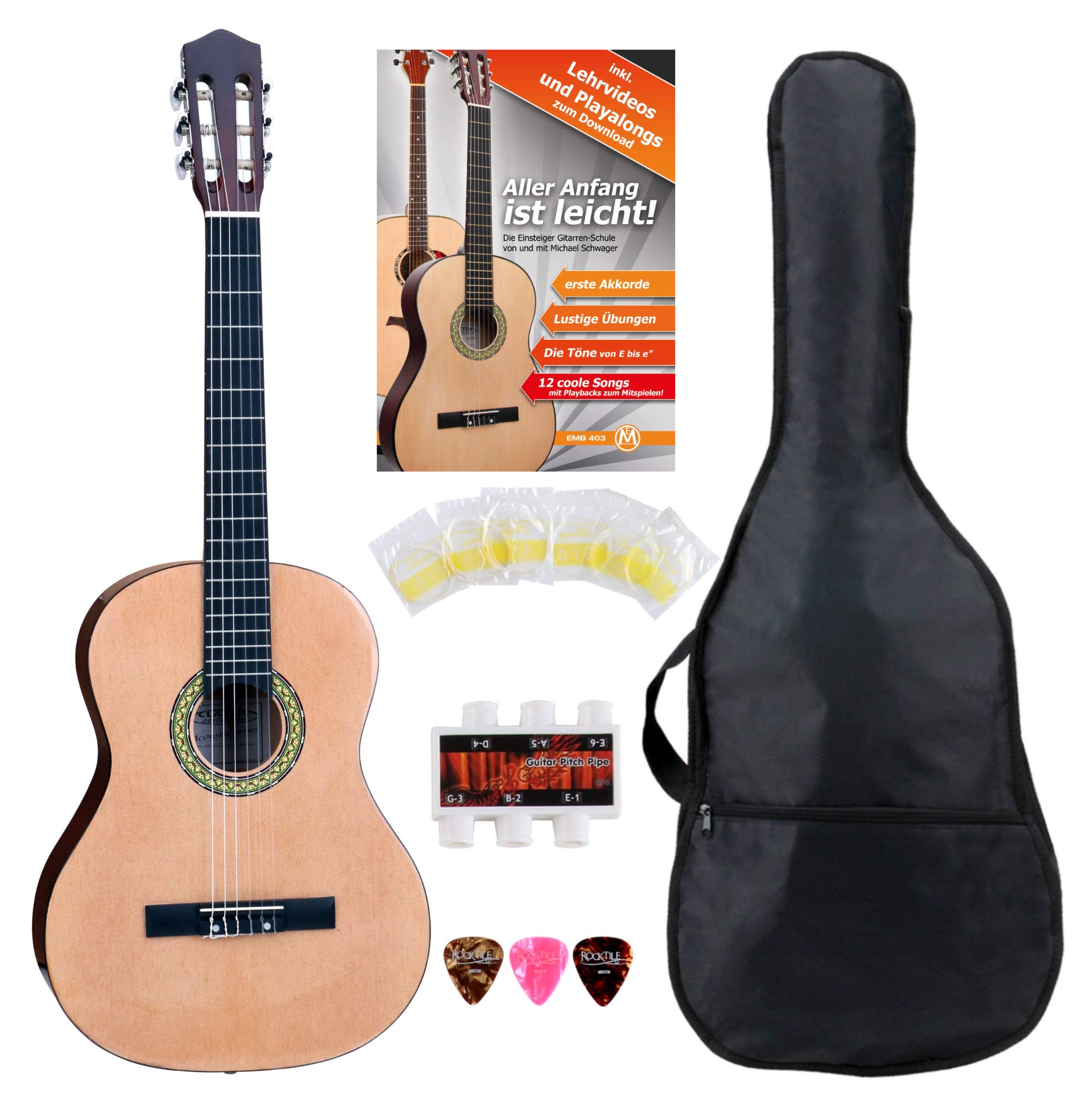 Classic Cantabile AS-861 Konzertgitarre 4/4 Starter-SET (akustische Klassikgitarre, geeignet für Kinder ab 14 Jahren, Tasche, Saiten, Noten, Plektren, Stimmpfeife) natur
