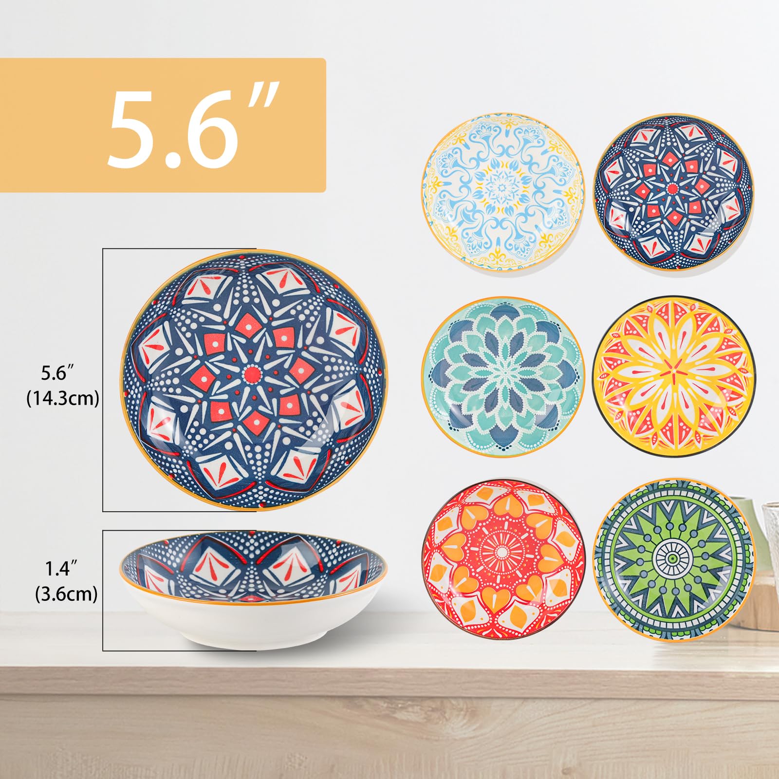 Ciotola in Ceramica per Gatti - Set di 6 Scodelle Colorate per Cibo - Ciotoline in Porcellana da 185 ml - 14,3 x 3,6 cm - Adatto per Lavastoviglie e Microonde