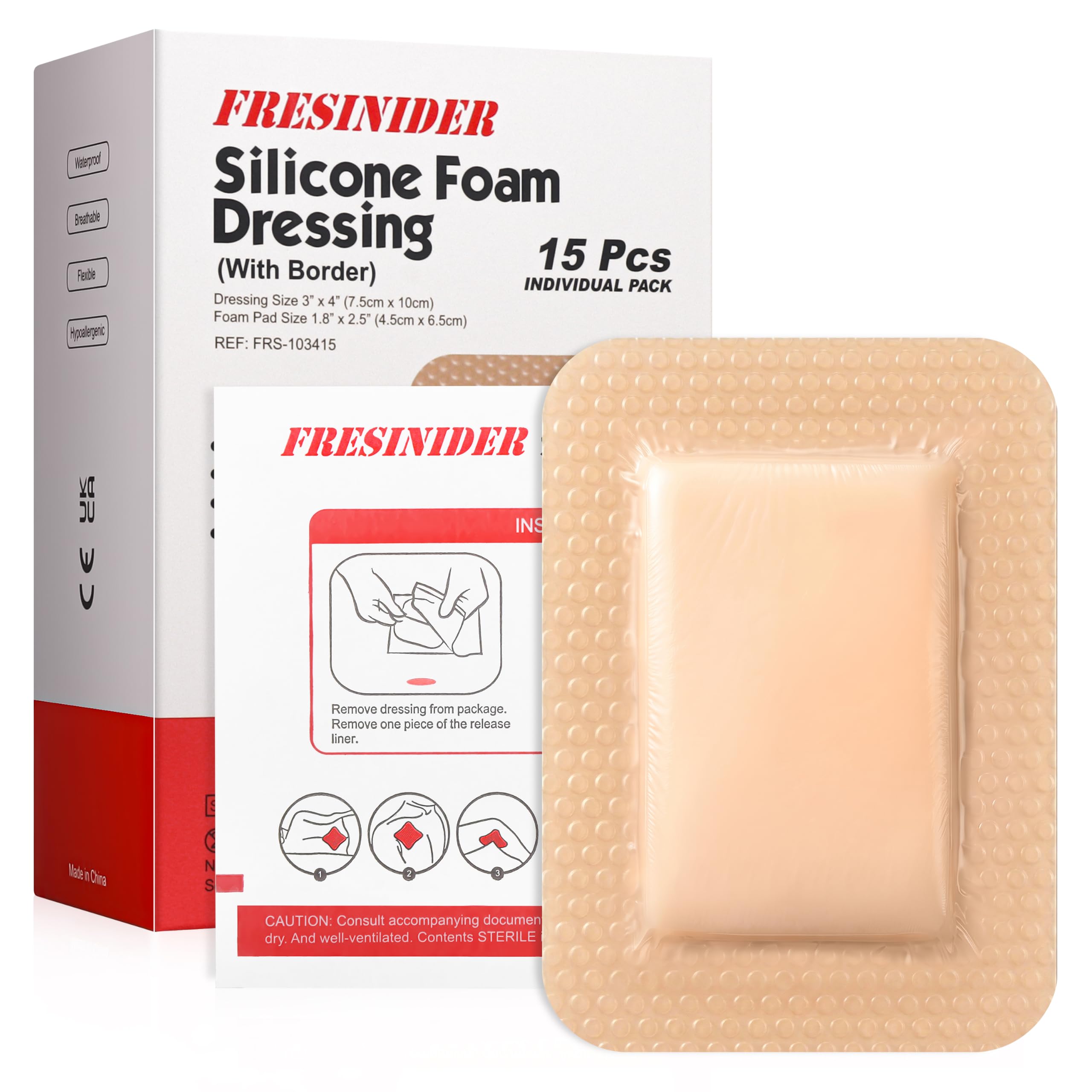 FRESINIDER Silicone Foam Dressing 3" x 4", 15 Pack – Soft Silicone Border Foam Dressing for Pressure Areas, Daily Wound Care &amp; Post-Procedure Use – Absorbent, Breathable &amp; Skin-Friendly