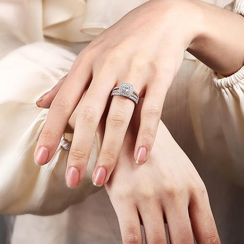 Miniatura 3 de 925 Sterling Silver Bridal Rings Sets for Women Halo Cubic Zirconia Engagement Ring Wedding Band Size 4-12.5