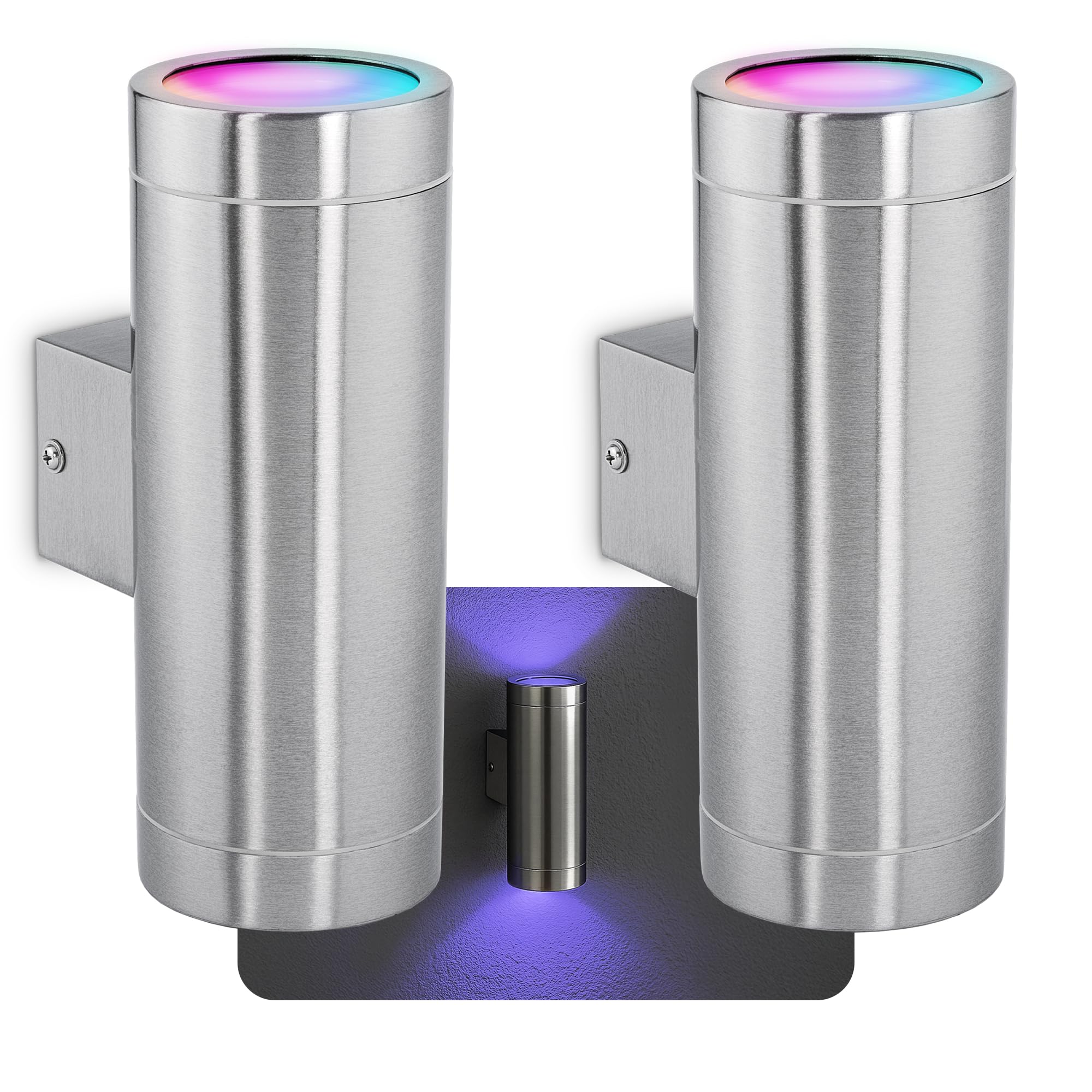 SSC-LUXon 2er Set TIRA Edelstahl Wandlampe Außen IP44 mit 2x Smart WiFi RGB GU10 LEDs - Außen Wandleuchte Up Down Steuerung per App & Sprache