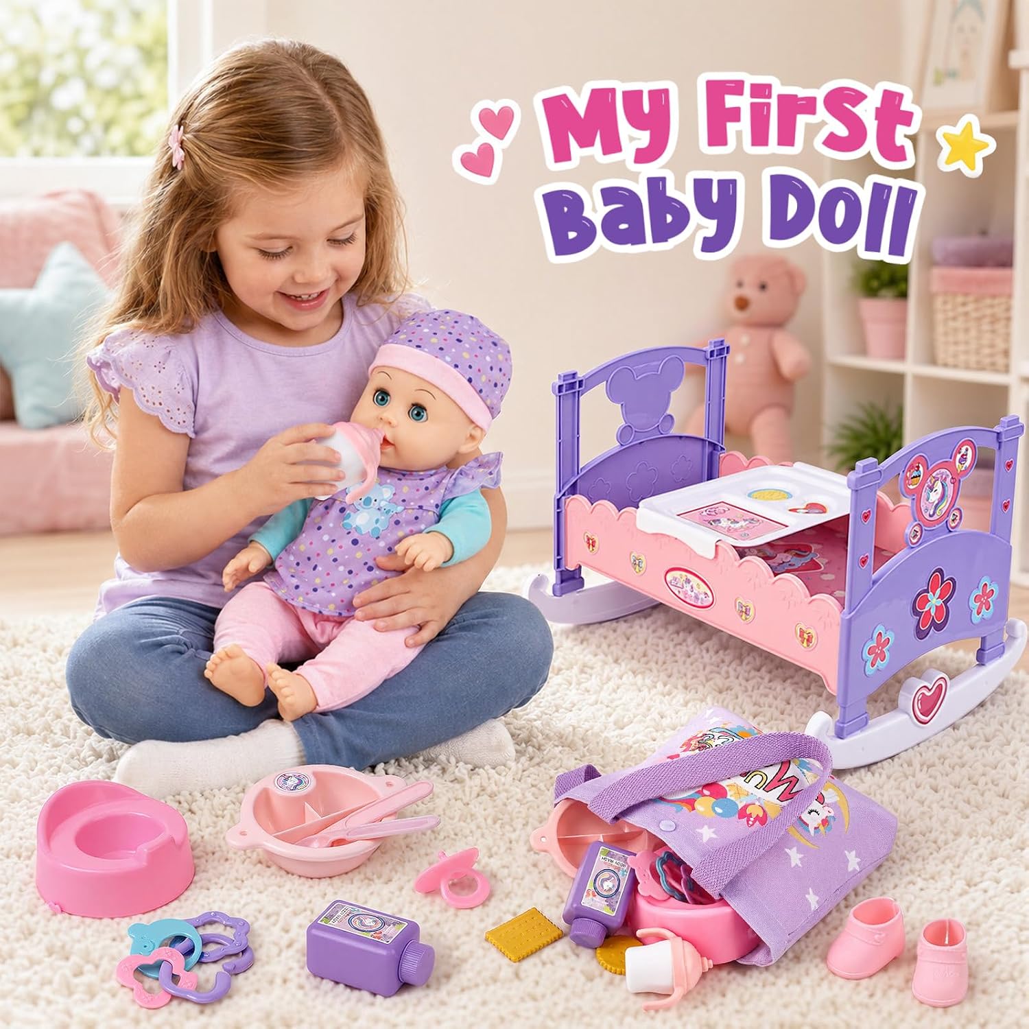 TUZT Baby Doll Stroller Playset for for 3 4 5 6 Year Old Girl, 12'' Baby Doll Grib Toys Set with 2 Clothes, Feeding Nursing Pretend Play Toddler Girl Toy Gift 3-5-7