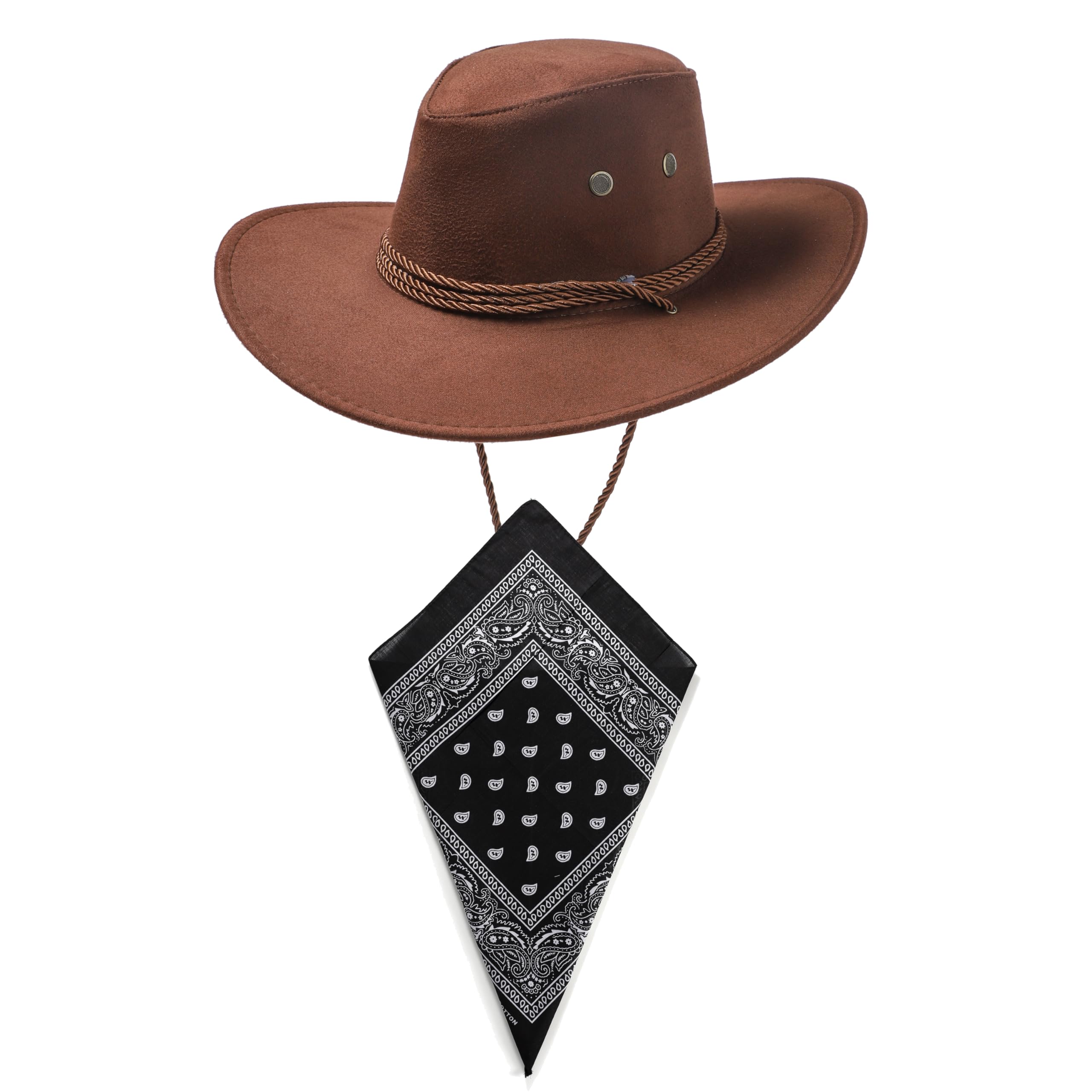 Dark Brown Cowboy Hat and Black Bandana Western Sun Cap Faux Felt Leather Suede Fancy Dress Party Costume Outfit Neckscarf Sun Protection Mens Womens