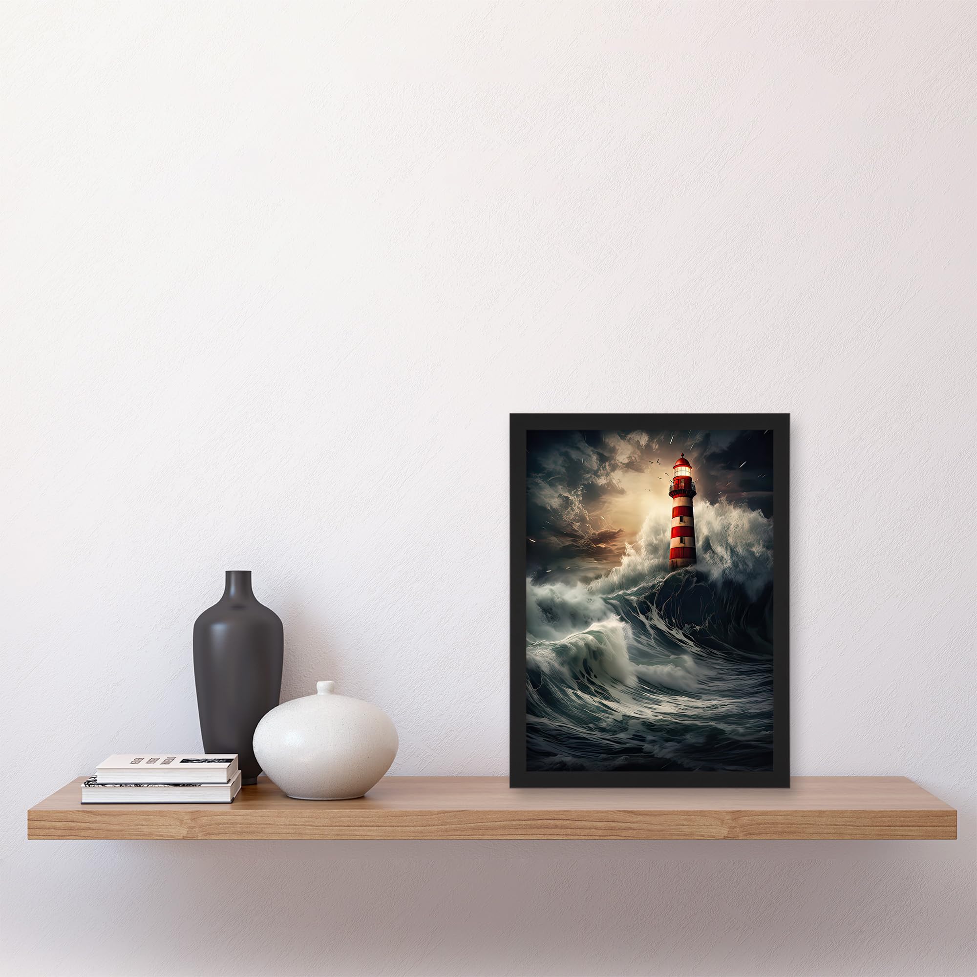 Artery8 Lighthouse Against a Stormy Sea Dramatic Seascape Artwork Framed Wall Art Print A4, Framed A4, 32.3L x 23.4W cm - Image 4