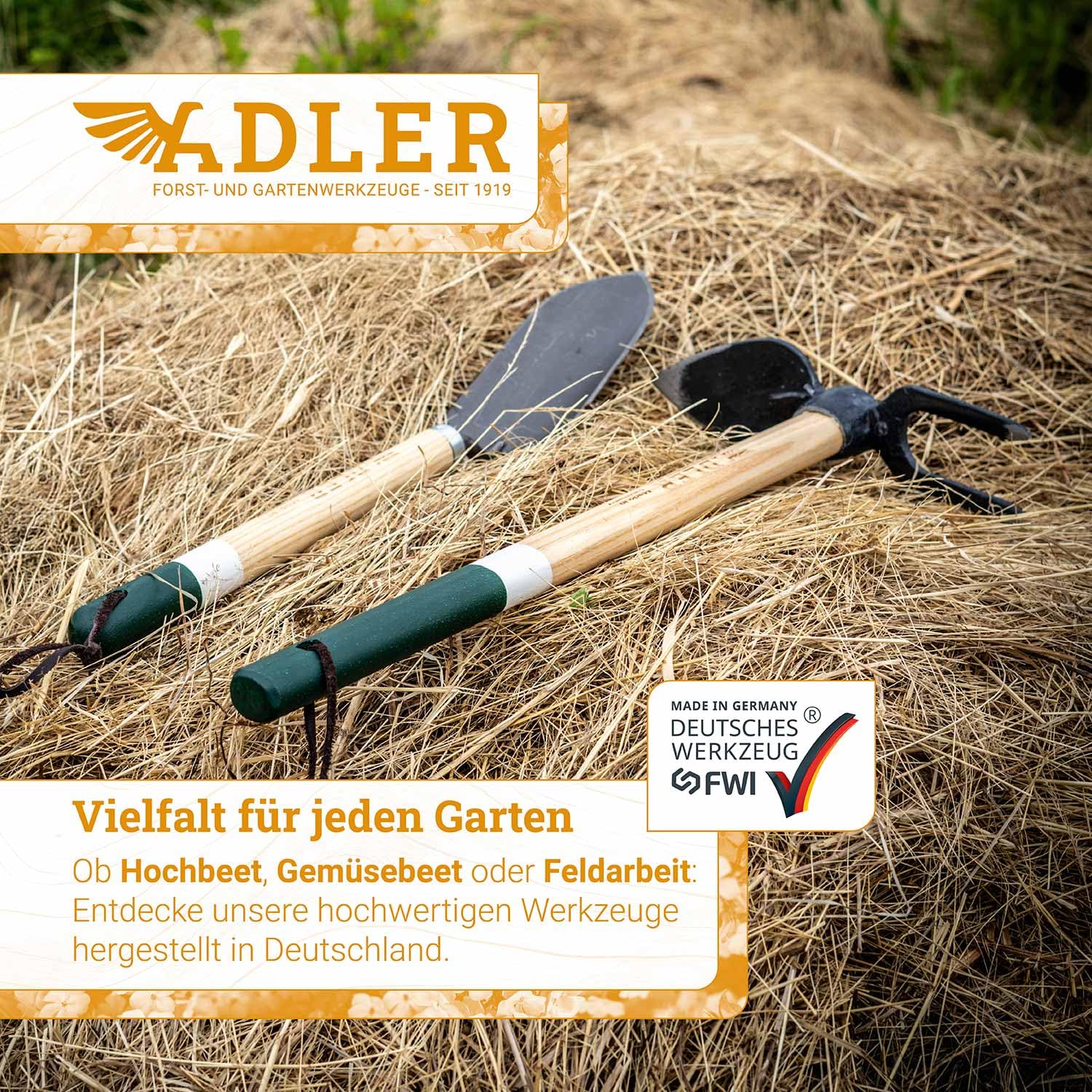 ADLER Set da giardino 2 pezzi – zappa forgiata Ivy & Cazzuola Holly – 45 cm manico in legno di frassino (Rosie - a 1 dente con lama piatta - verde/bianco)