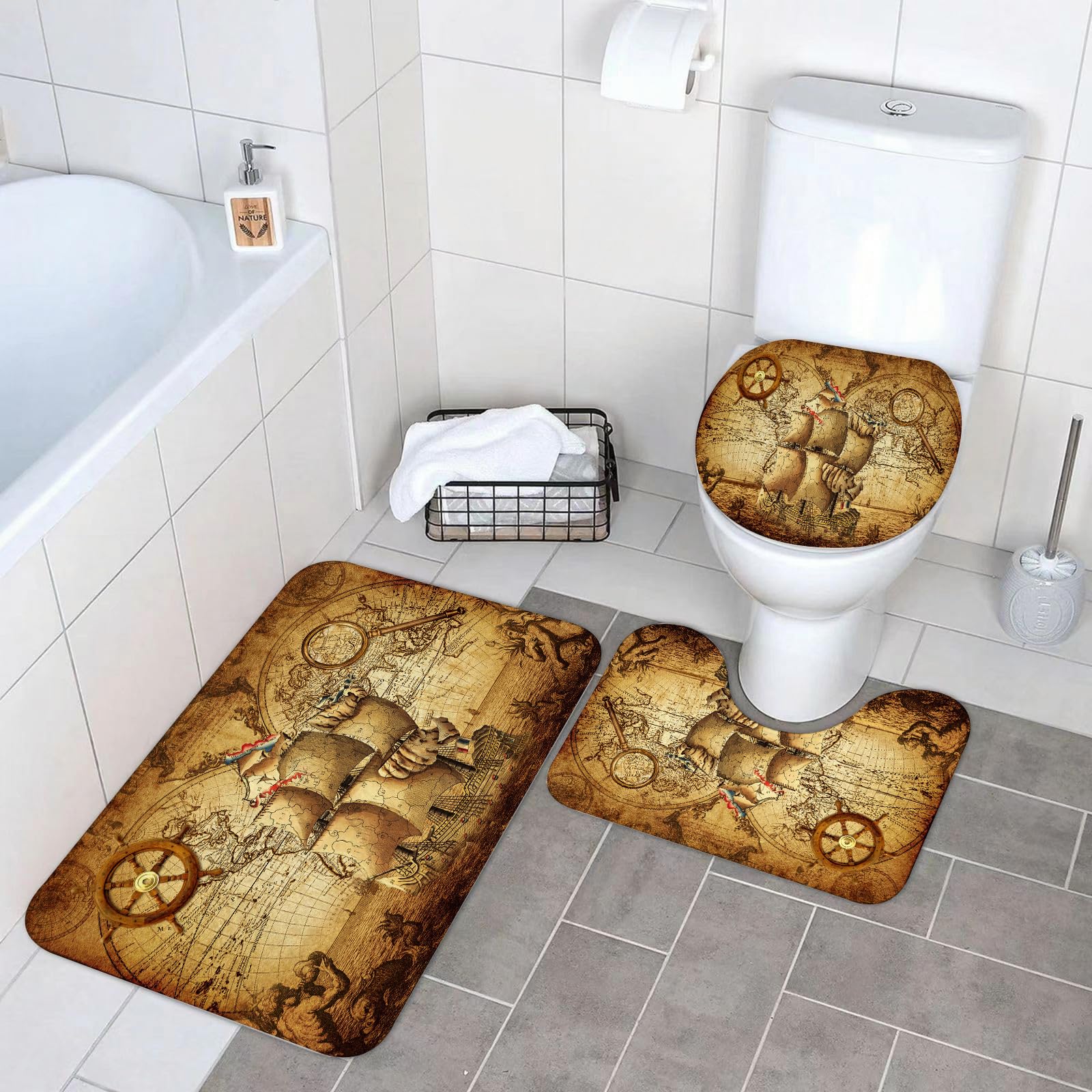 Set di 3 tappetini da Bagno, Lavabili in Lavatrice e Antiscivolo, in Morbida Fibra Superfine, con Motivo Vintage a Tema Nautico.