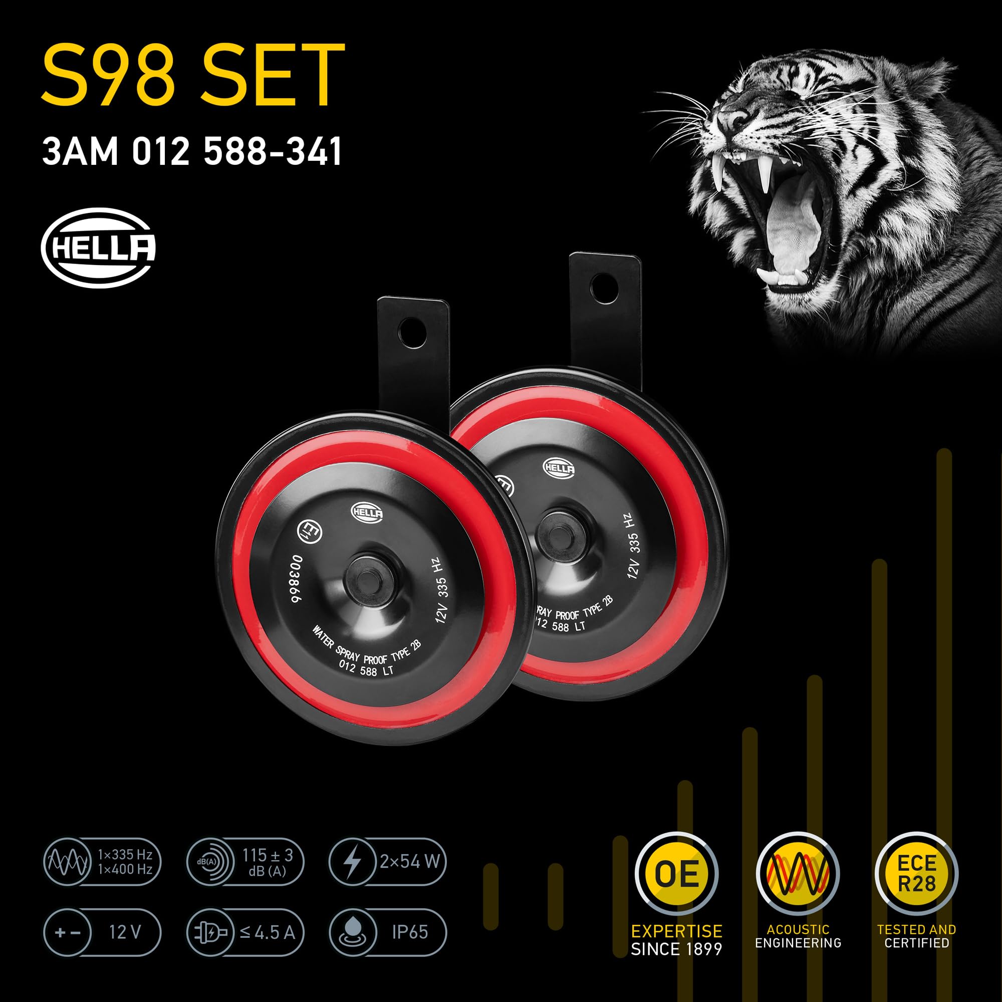 HELLA 3AM 012 588-341 Clacson - HELLA STYLE HORN S98 SET - 12V - 115dB(A) - Gamma frequenze: 335/400Hz - Tono basso/Tono alto - elettrico - ECE - Colore alloggiamento/sede: rosso/nero - Quantità: 2