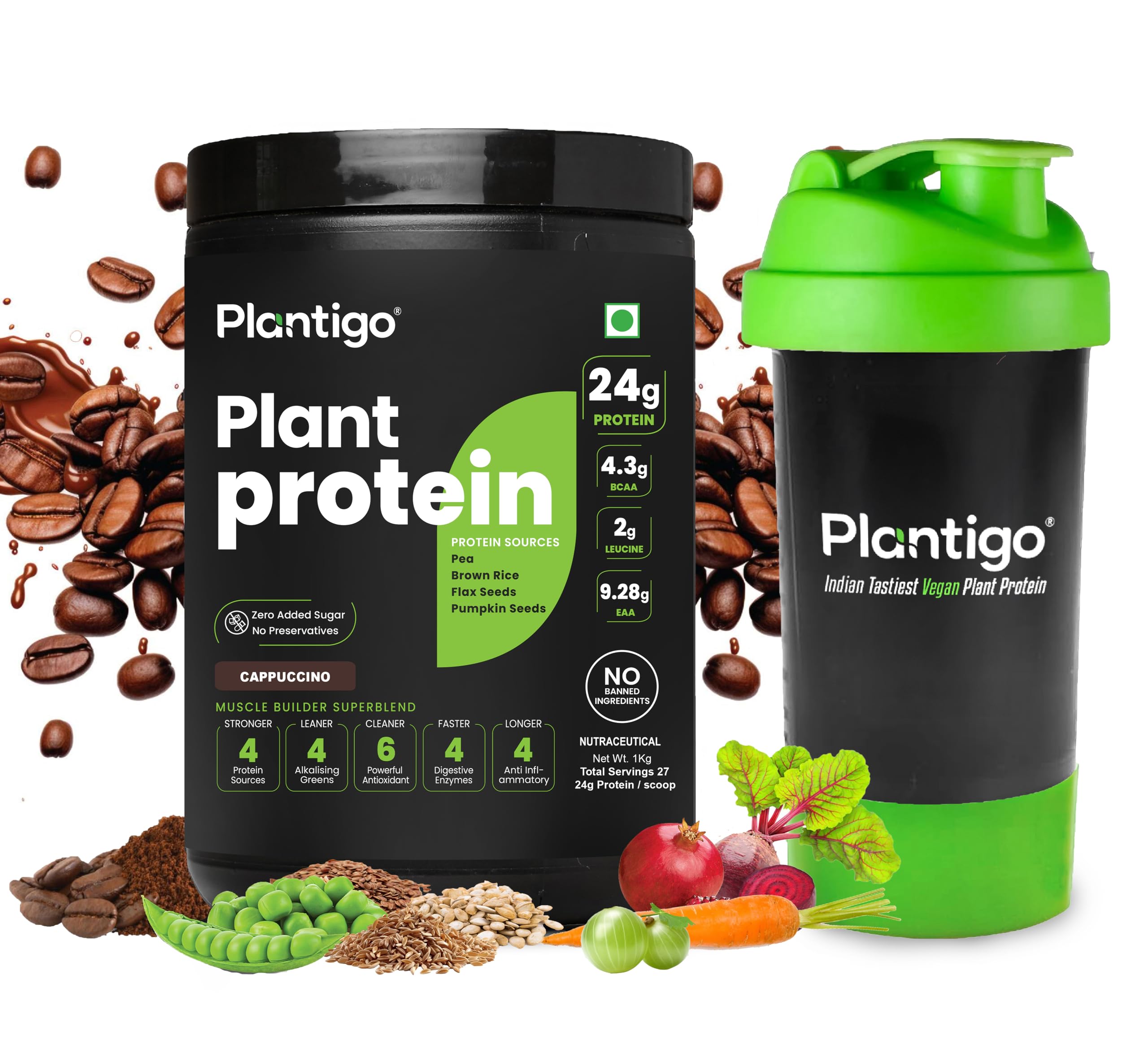 Plantigo Clean Plant Protein Powder | No Preservatives, No Banned Substances | Super Protein Blend - Pea, Brown Rice, Flax & Pumpkin | For Men, Women | Vegan (Cappuccino Coffee - 1Kg + Shaker 600ml)-image-31