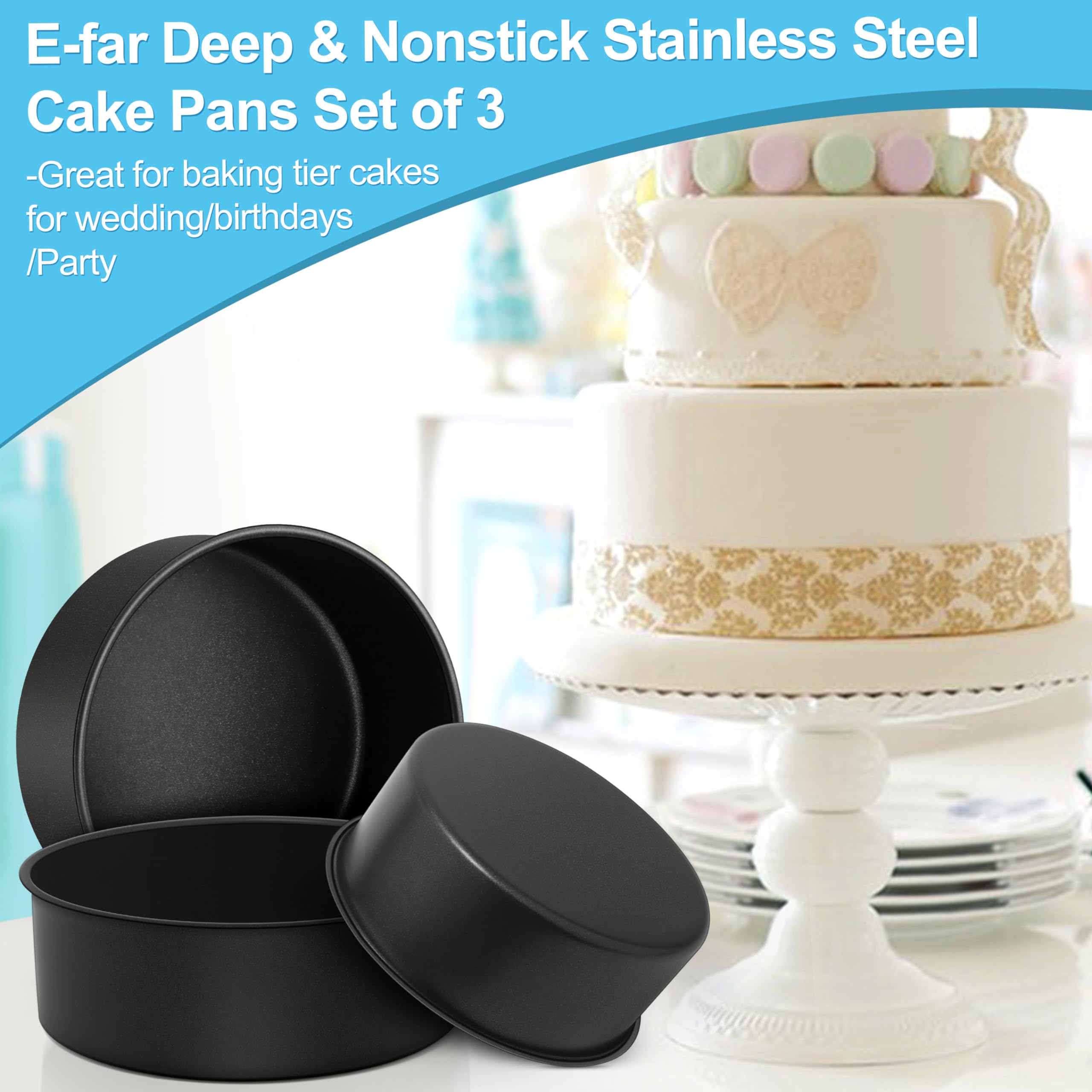 E-far Juego de 3 moldes para tartas (6/8/9½ pulgadas), moldes redondos de acero inoxidable antiadherentes para hornear pasteles de boda, núcleo de acero inoxidable y revestimiento no tóxico, lado