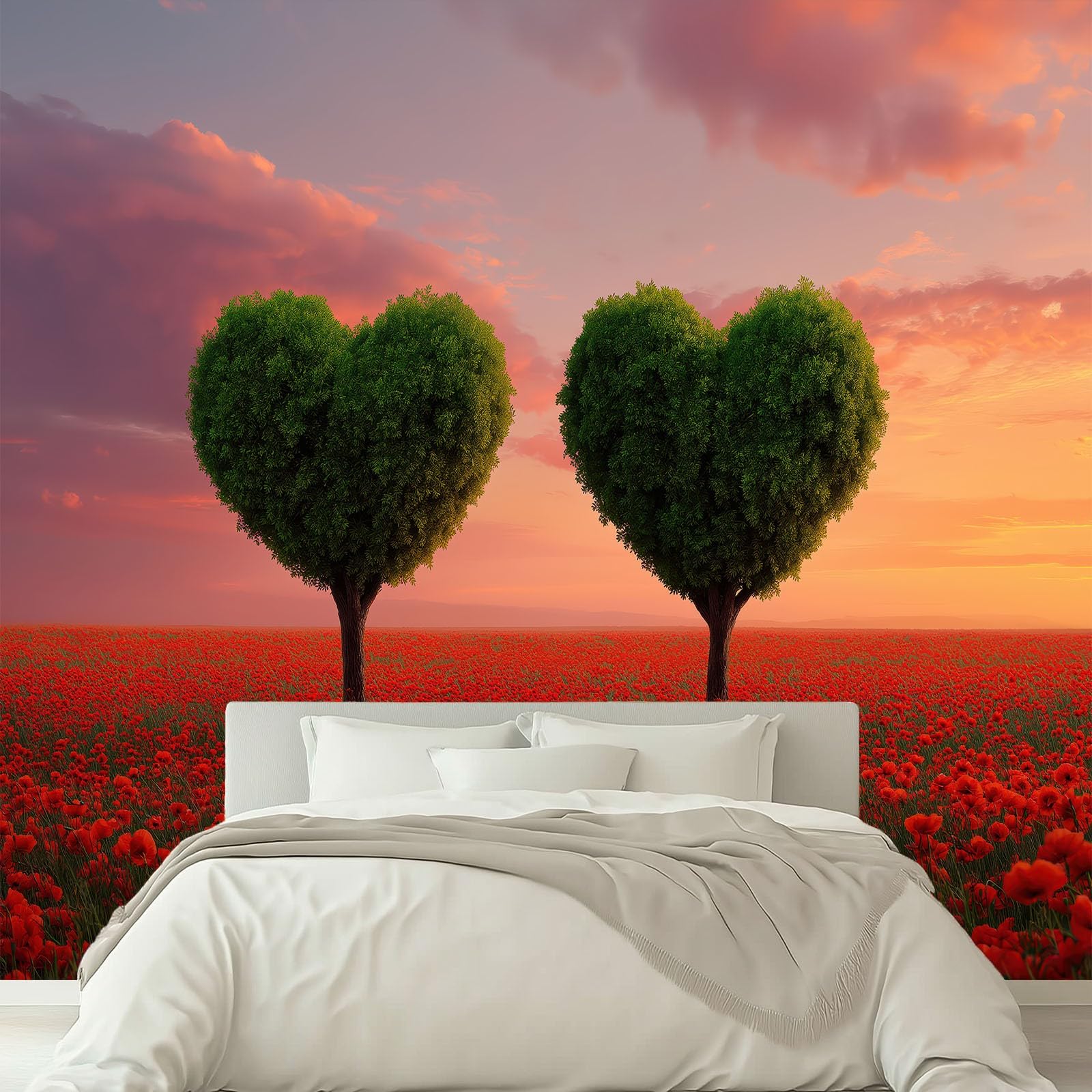 Vlies-fototapete Blumenwiese Herzförmiger Baum, 300x210 cm 3D Wandbild