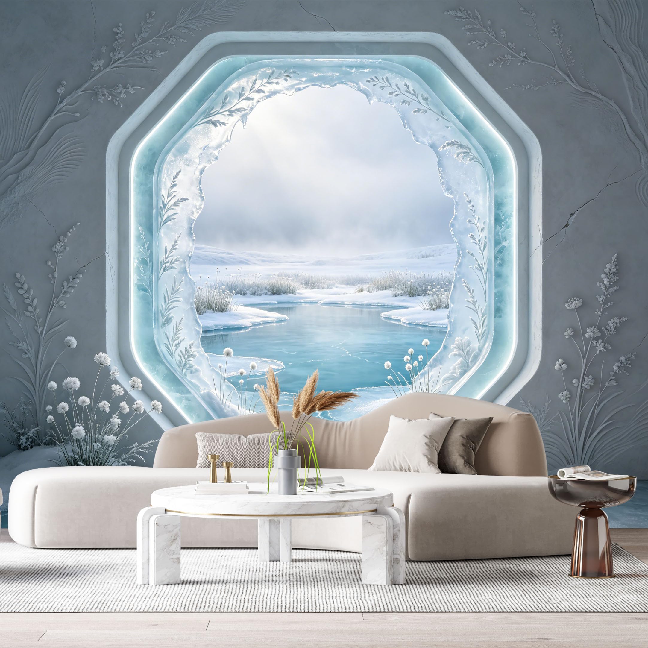 Custom Size Wall Murals Winter Frozen Lake Frosty Window 3D Trompe L'Oeil SelfAdhesiveWall Fabric Removable Wallpaper Wall Decor for Living Room Bedroom Bathroom