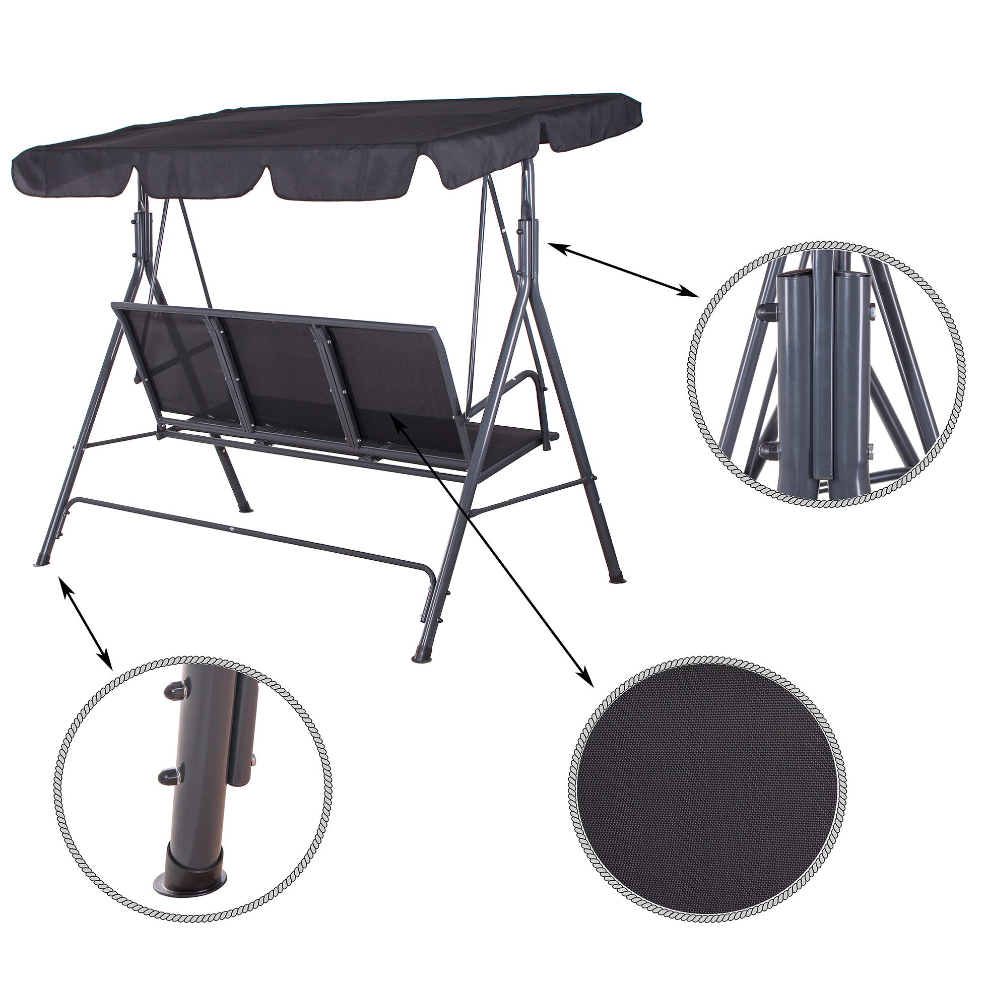 Springos Fiona - Columpio de jardín con toldo, banco del columpio para 3 personas, alto x ancho x profundidad: 150 x 170 x 109 cm, color negro