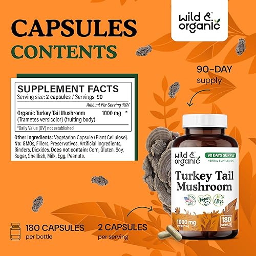 Miniatura 3 de Wild & Organic Cápsulas de hongos de cola de pavo de 1000 mg - Apoyo inmunológico - Suplemento en polvo de hongo cola de pavo - Extracto de micelio