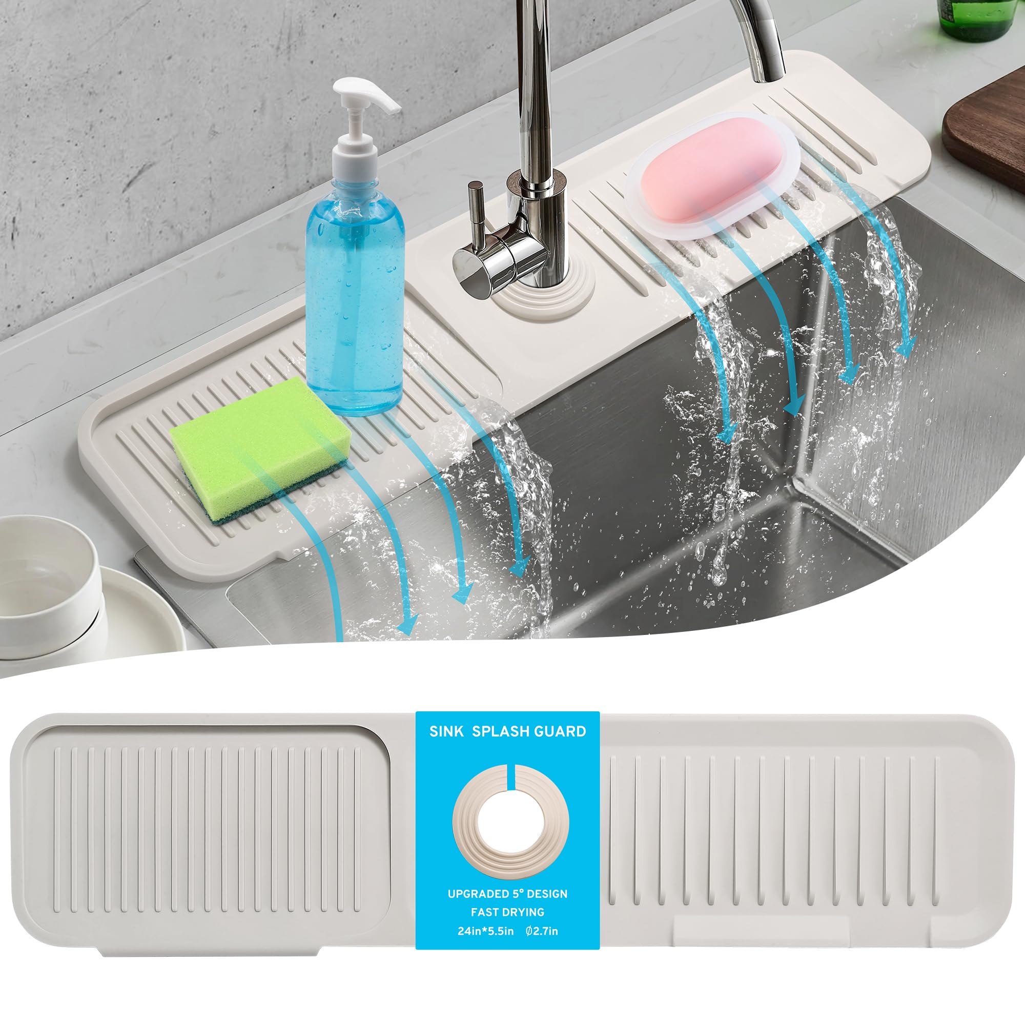 TUYOART 24" Longer Silicone Faucet Splash Guard, 5°Slope Design Faucet Water Catcher Mat,Faucet Handle Drip Catcher Tray Mat for Kitchen Countertop Bathroom Sink Protectors (Beige)