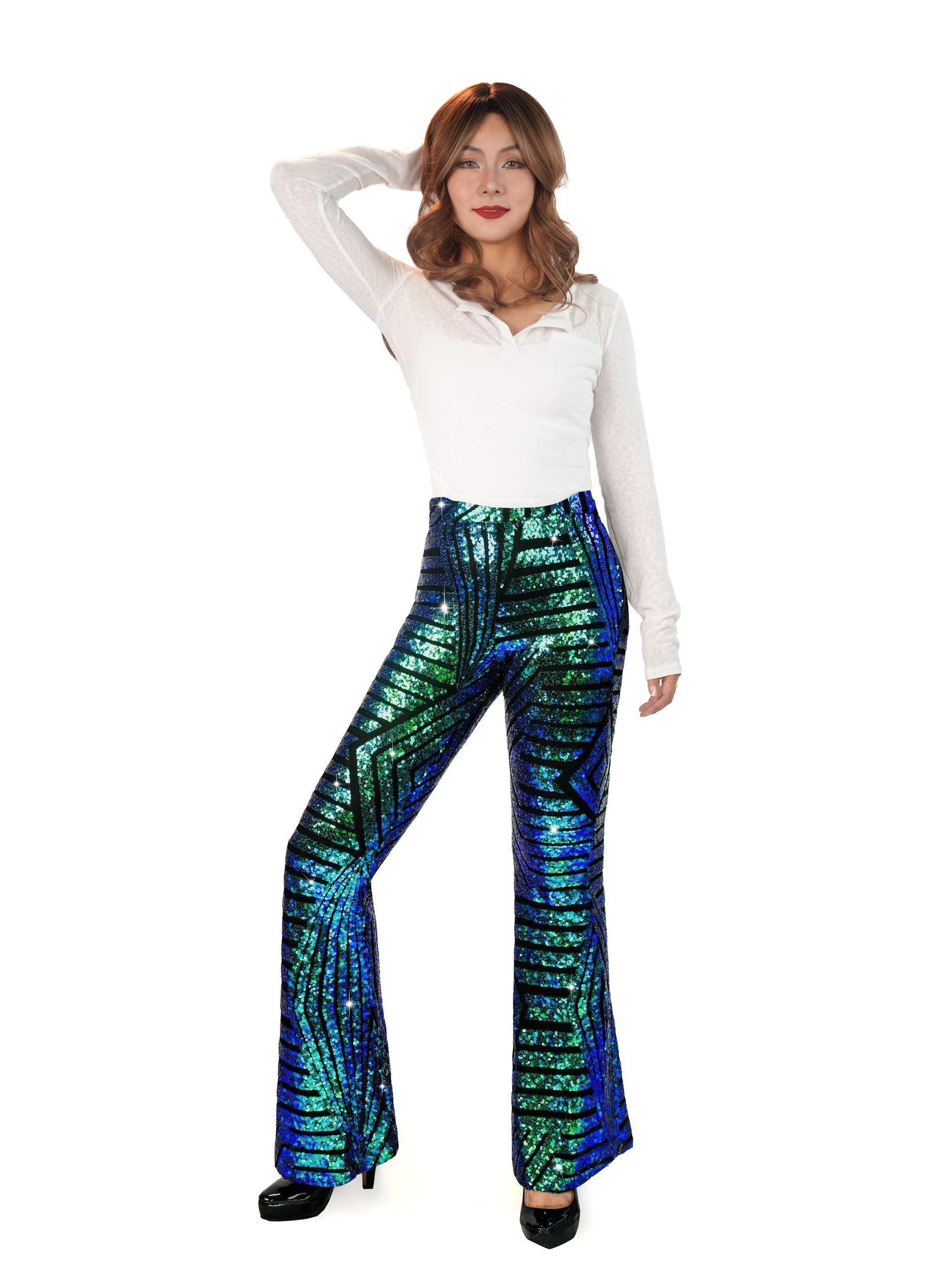 Nawgut Pantalones acampanados de lentejuelas con purpurina brillante de cintura alta, pantalones acampanados para fiesta de discoteca, ropa de club para mujer
