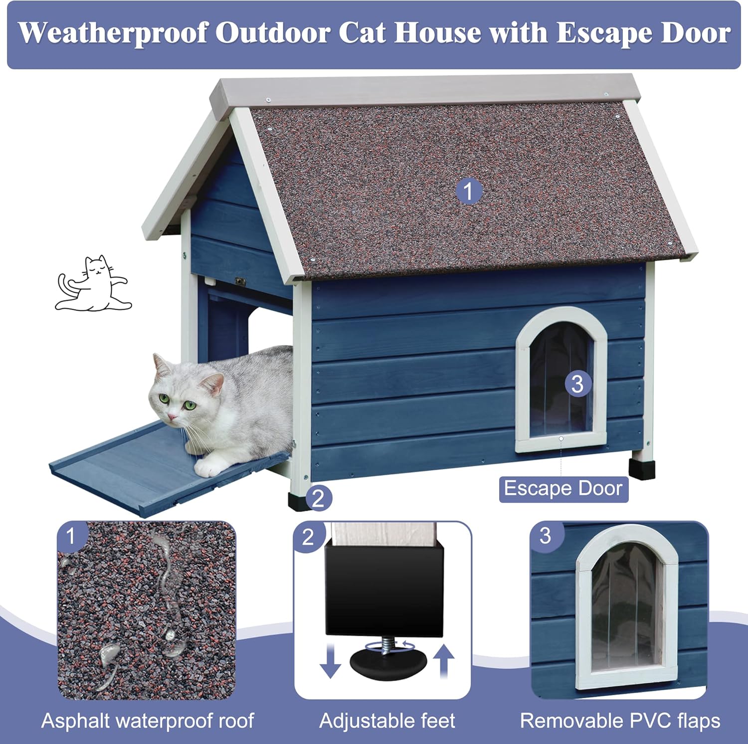 Deblue Weatherproof Cat House for Feral Cats, Cat House for Outdoor Cats, Unique Wooden Outside Cat Shelter with Escape Door, Clear Window and Attic-Blue