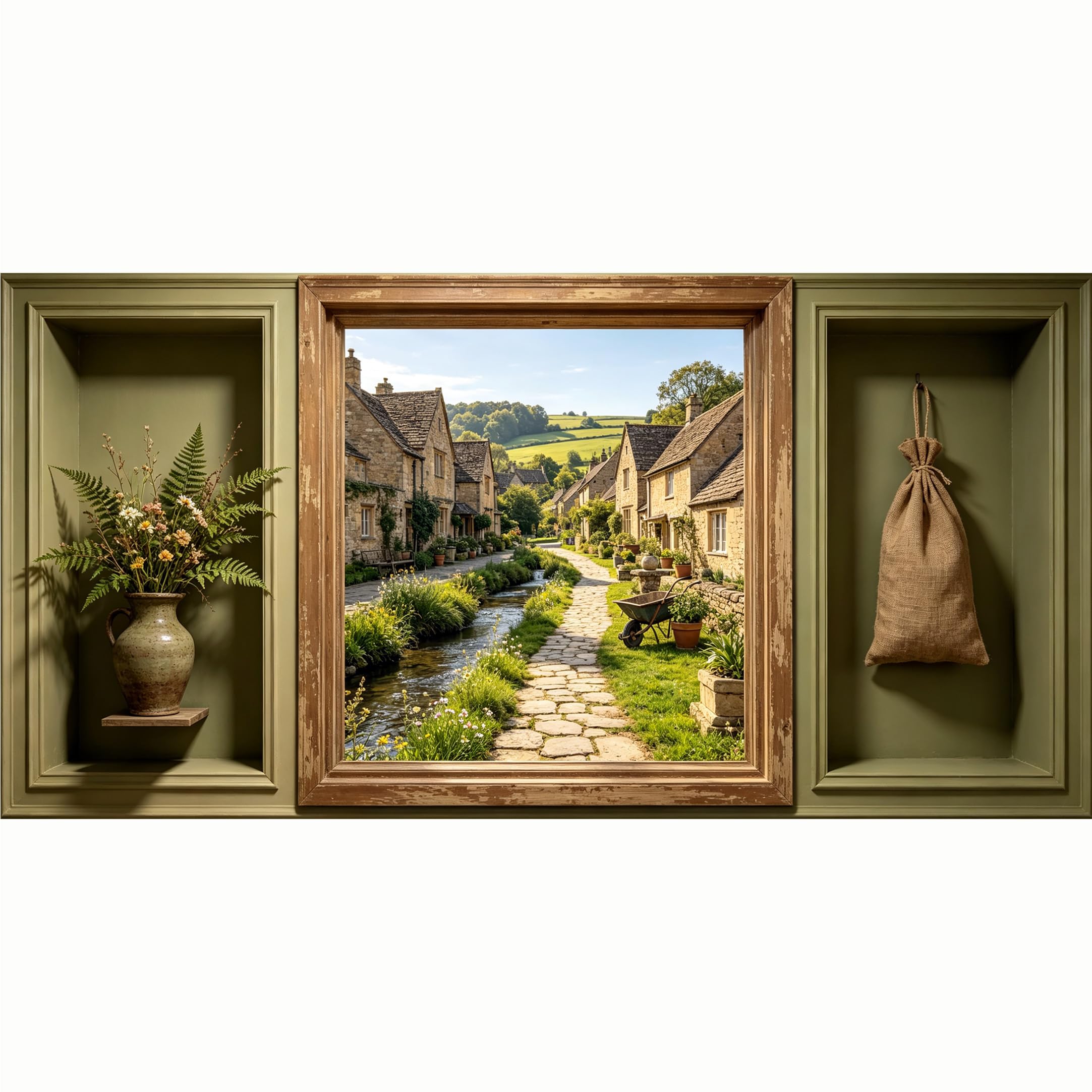 QZLITHOTIC 50x100cm 3D Framed Wall Art， English Village Countryside Landscape Self‑Adhesive Mural， Water‑Activated Peel & Stick Fabric Decor Wall Decal for Bedroom Living Room