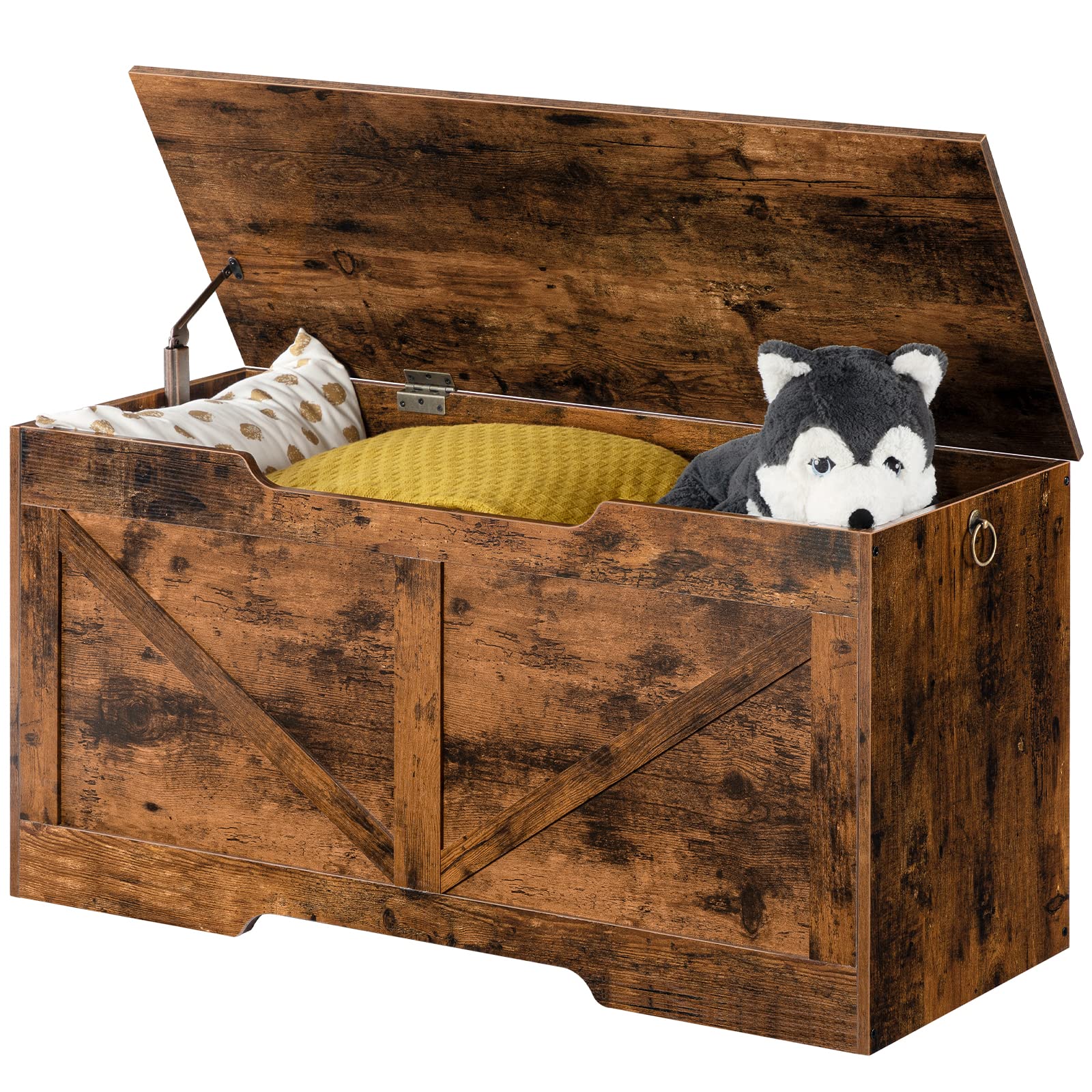 HOOBRO Truhen, Sitzbank mit Stauraum, Spielzeugkiste mit Deckel, Truhenbank, aufbewahrungsbox, 2 Ringen, 100cm, Robust, Stabil, für Kinder, Flur, Wohnzimmer, Dunkelbraun EBF771CW01G1
