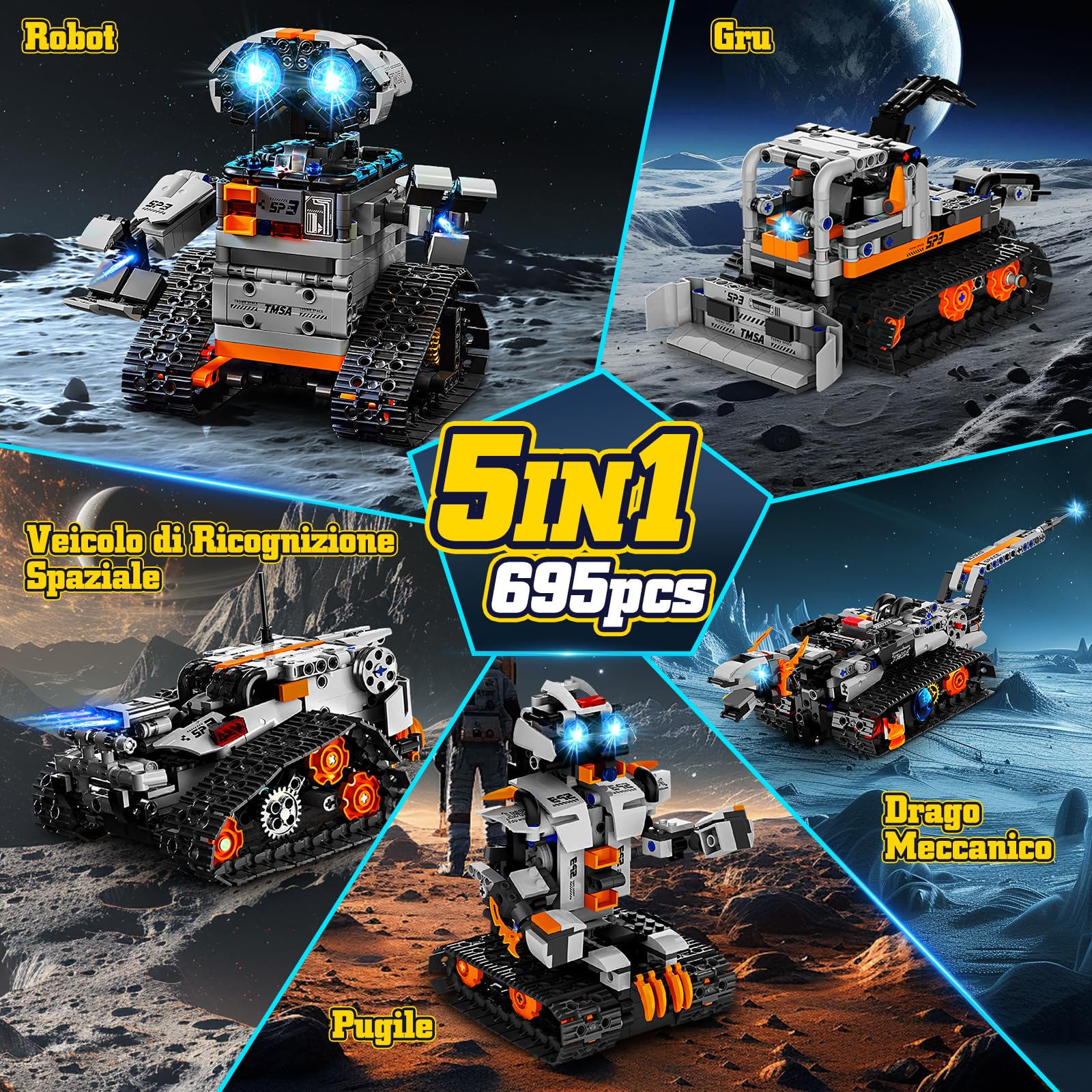 YOOHBERRYS Technic Robot Telecomandati per Bambini, 5-in-1 Kit di Costruzione di Robot Programmabile con App e Telecomando, Regalo Educativo per Ragazzi e Ragazze Dagli 6 ai 12 anni (Grigio)