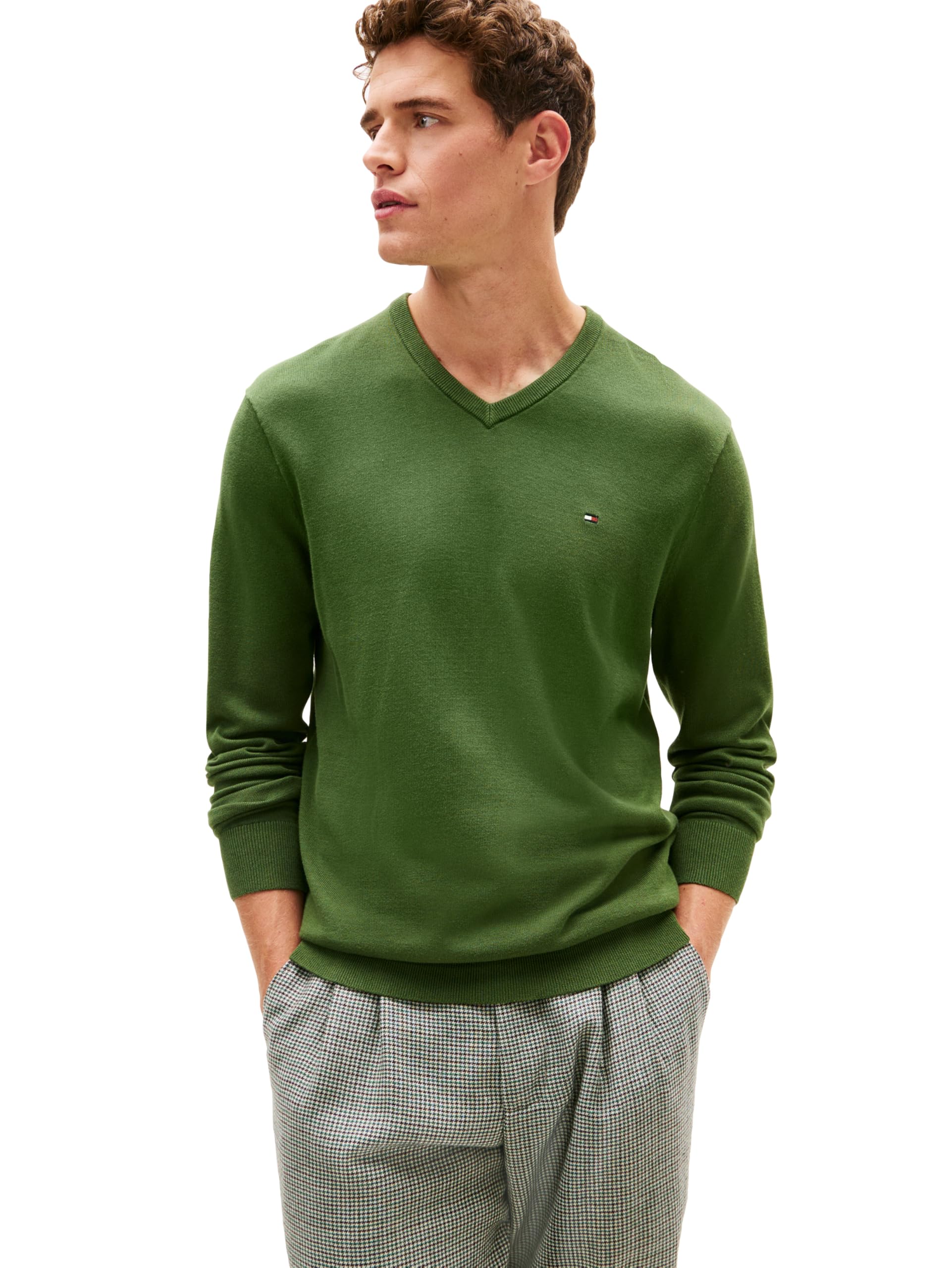 Tommy Hilfiger Herren-Pullover, Baumwolle, einfarbig, V-Ausschnitt, Leichter Pullover, Bergkiefer, XX-Large