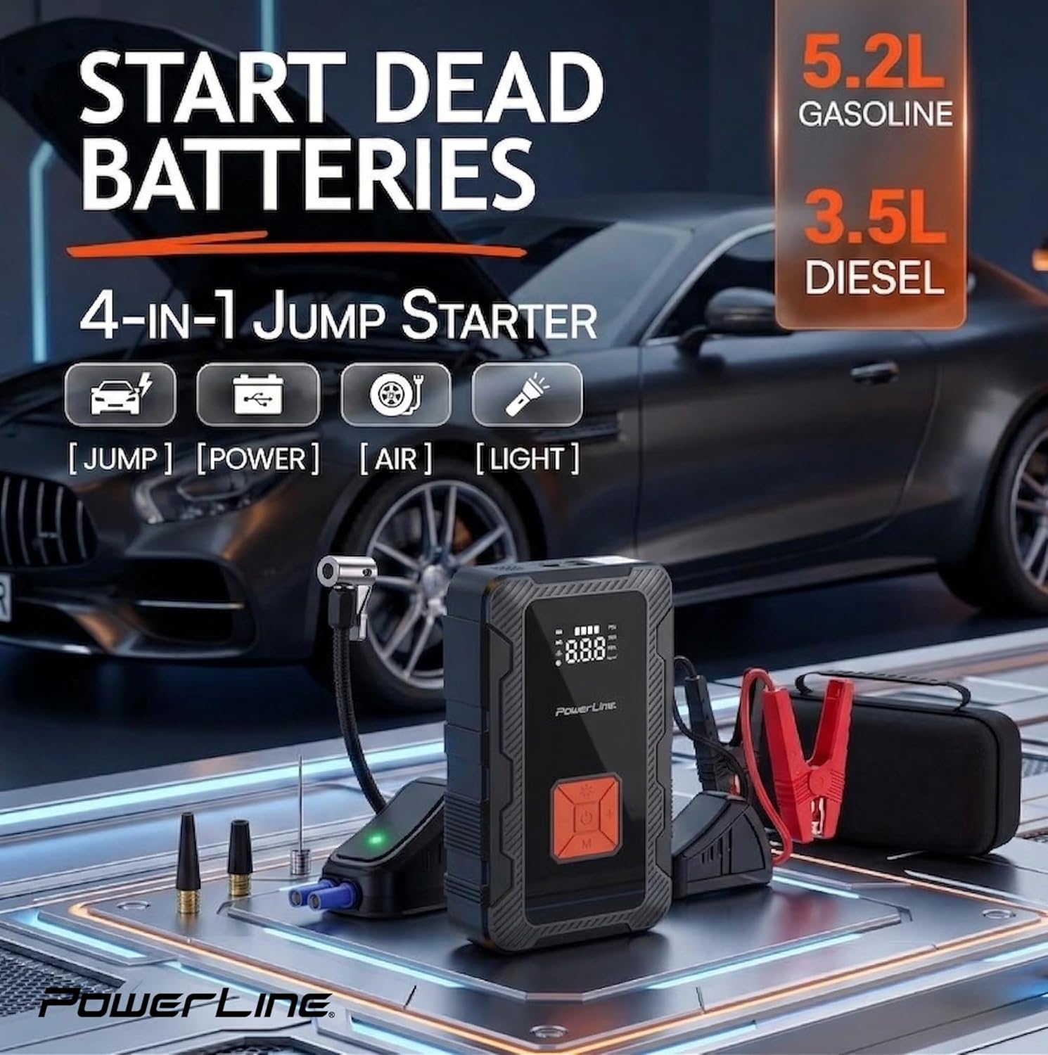 4-in-1 Car Jump Starter 3000A, Air Compressor 160 PSI Tire Inflator, PD45W Fast Charger, 20000 mAh Battery Bank, 12V Jump Box & Smart Jumper Cables for 8L Gas & 8L Diesel, 4-Mode LED Light, Portable