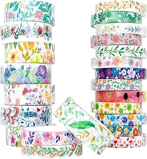 Floral Washi Tape Set 23 Rolls - Decorative Masking Tape for Bullet Journal, DIY Crafts & Scrapbooking, Scrapbook Supplies, Card/Gift Wrapping - Wide and Skinny (8/15mm)