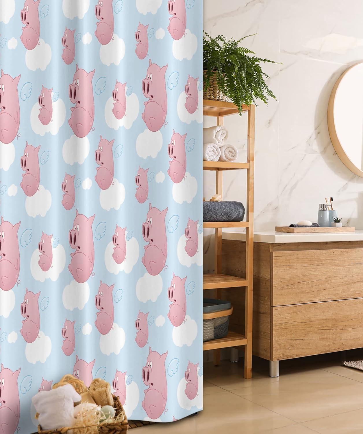 Ambesonne Pig Stall Shower Curtain, Frightened Cartoon Style Pigs Flying Clouds Across Open Sky Design Pattern, Fabric Bathroom Decor Set with Hooks, 36" W x 72" L, Pale Blue White Pink