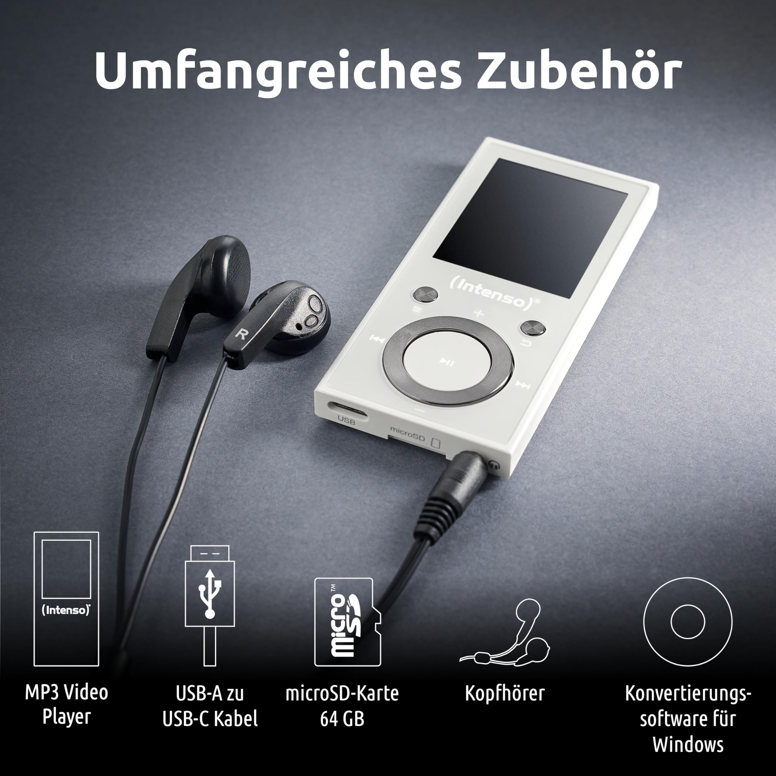 Intenso MP3 Player Video Scooter BT mit Bluetooth 5.0, 1,8 Zoll Farbdisplay, 16 GB microSD, USB-C, bis 18h Akku, inkl. Kopfhörer, weiß
