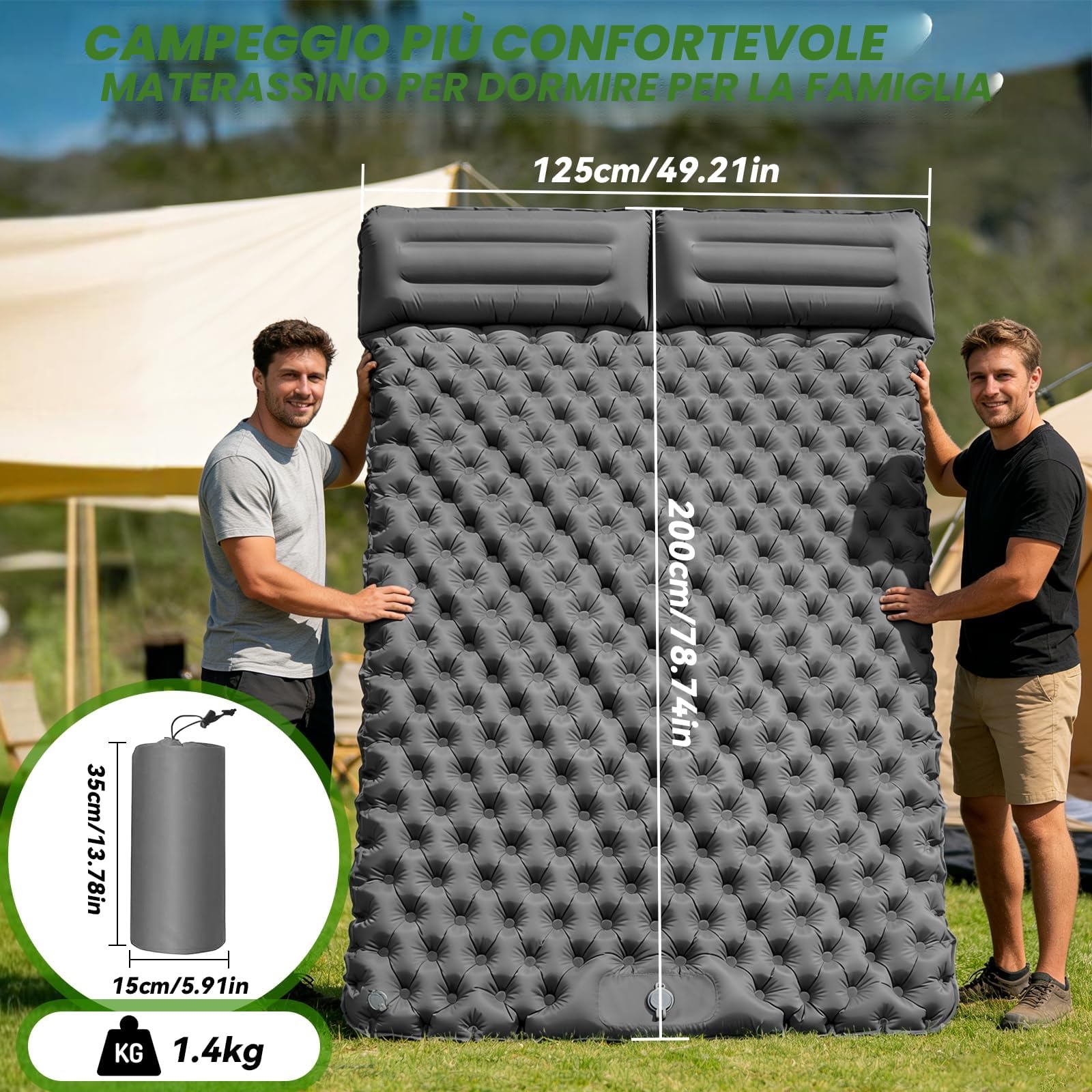 Materassino Doppio Autogonfiante per Campeggio, Materassino Autogonfiabile con Pompa a Pedale, Ultraleggero Materasso Gonfiabile Campeggio con Cuscino per Outdoor, Arrampicata, Campeggios,Pesca