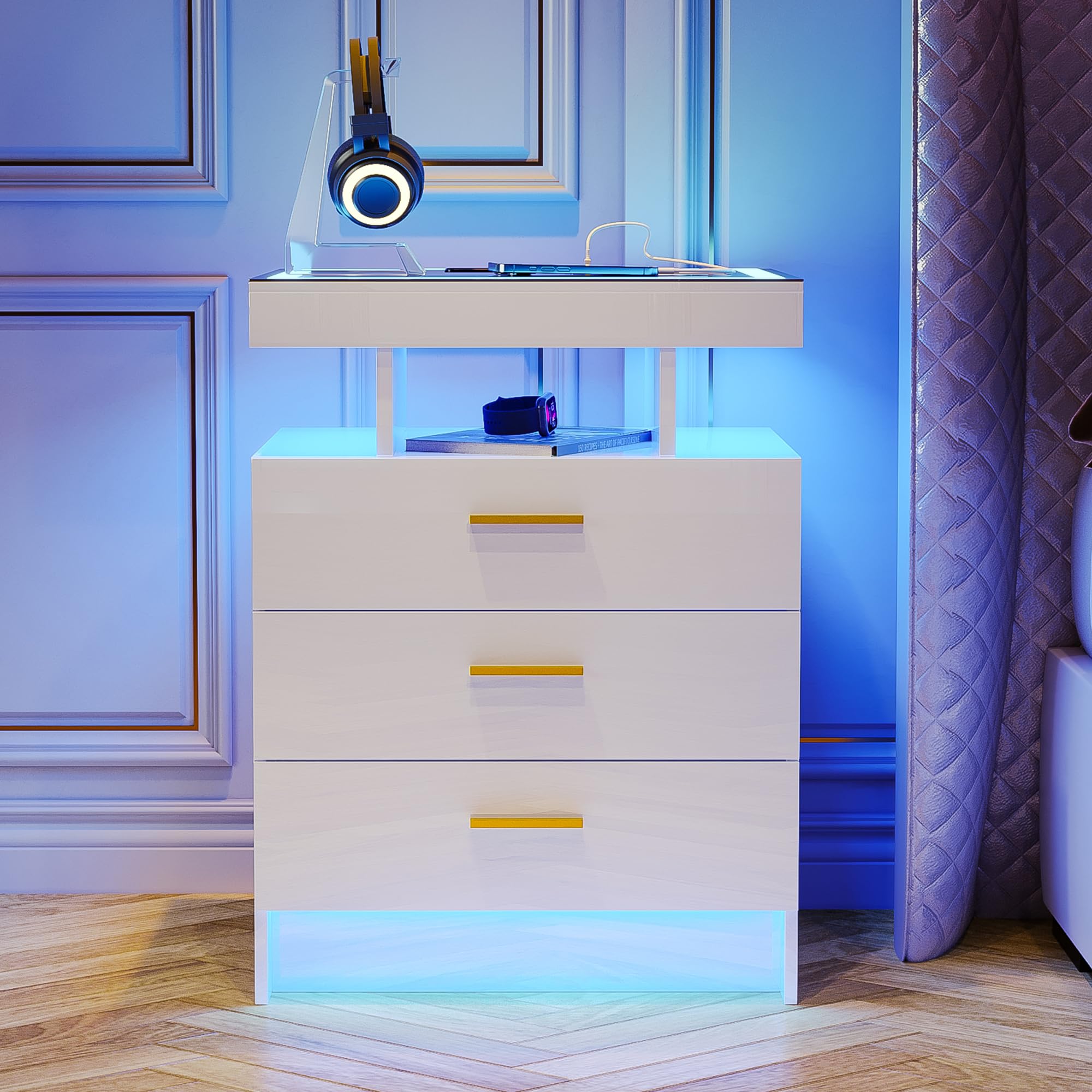 Led Nachttisch mit Ladefunktion und 3 Schubladen für Schlafzimmer Weiß | Smart Nachtschrank mit 3 Licht Dimmbar und USB Type-C Automatischer Sensor