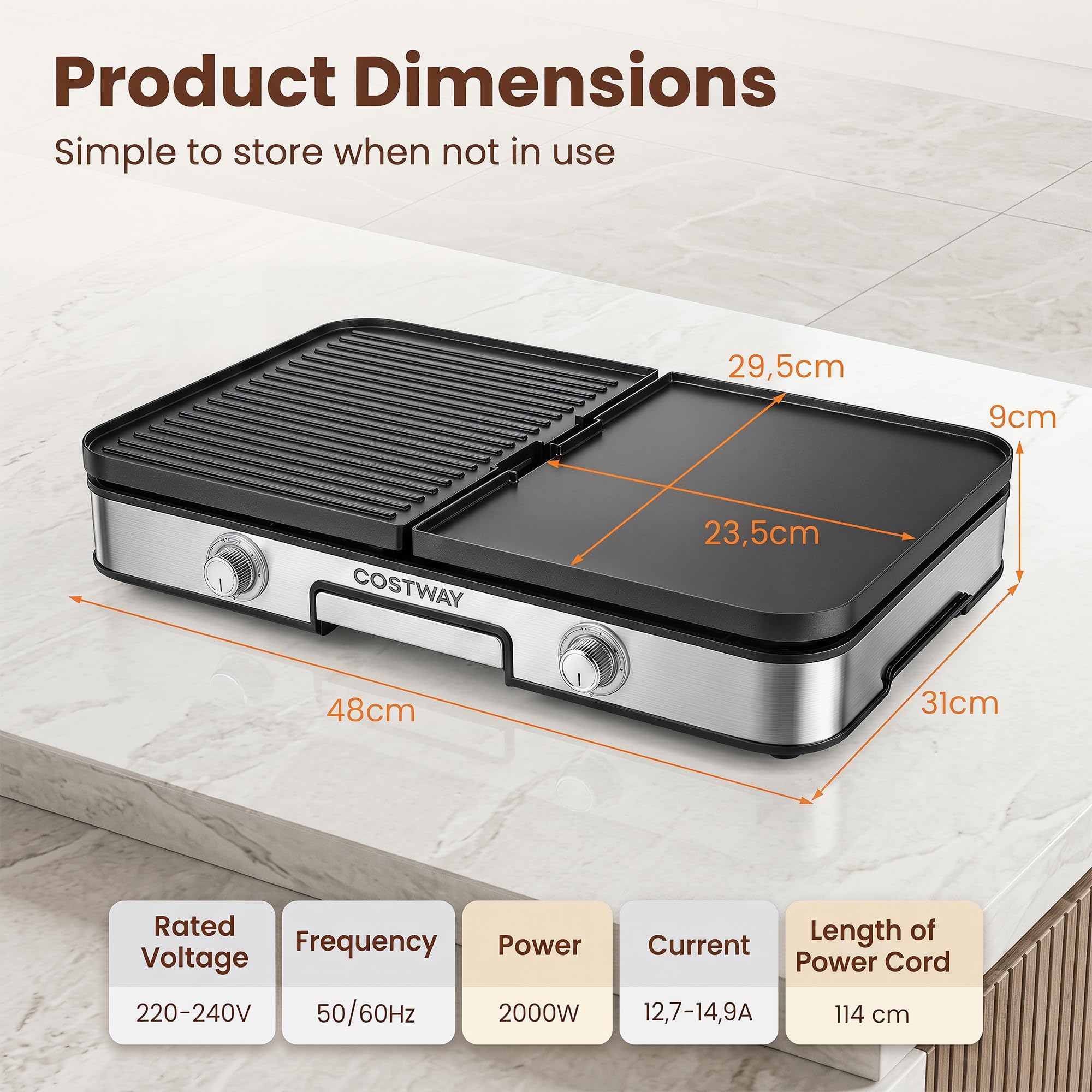 LIFEZEAL Tischgrill 48 x 31 cm, Elektrogrill 2000 W, Elektrischer Plattengrill Indoor mit 2 wendbaren Platten, Elektro-Grillplatte Griddle für Haus, Balkon, Camping