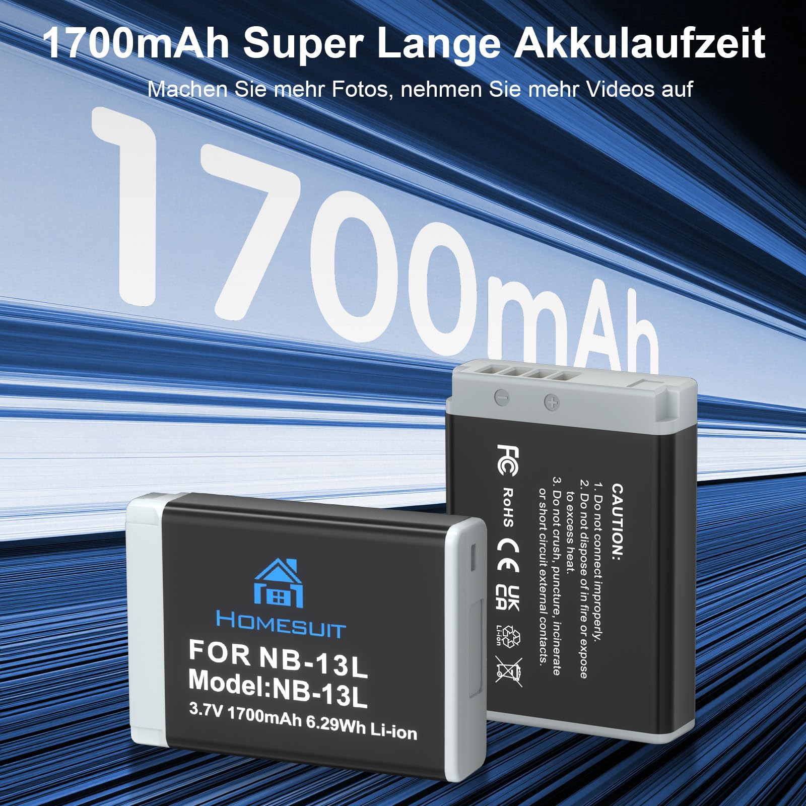 Homesuit NB-13L Akku 1700mAh & Dual Ladegerät für Canon PowerShot G5X, G5X Mark II, G7X, G7X Mark II, G7 X Mark III, SX720 HS, SX730 HS, SX740 HS, SX620 HS, G1X Mark III, G9X, G9X Mark II (2er-Pack)