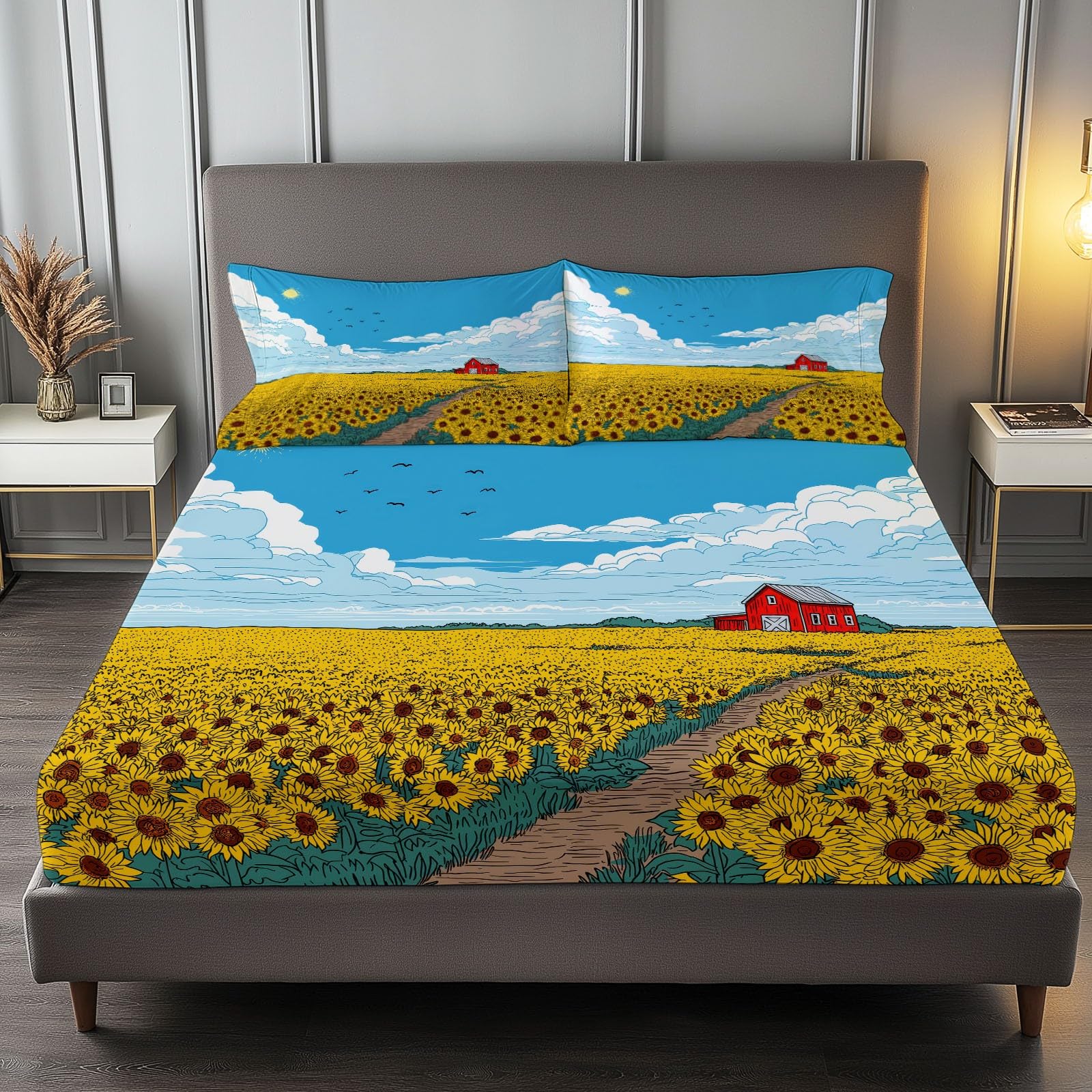 180 x 200 cm Drap Housse Microfibre, Champ Tournesols Dessin Animé Imprimé Parure De Lit Doux Élastique Drap Housse 30 cm Profonde pour Matelas Epais - Convient à Toutes Les Saisons, Jaune Bleu