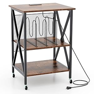 LIFEZEAL Mesa Auxiliar con Soporte para Discos, Mesilla de Noche con Estación de Carga Integrada de 3 Niveles con Ruedas, Muebles de Salon, Soporte para Discos con Patas en Forma de X, Estilo Vintage