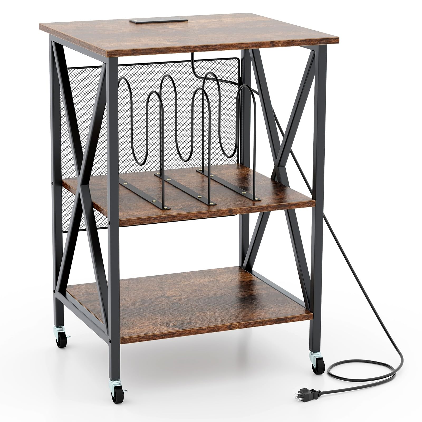 LIFEZEAL Mobile Giradischi e Porta Vinili, Supporto per Giradischi, Carrello con Ruote Bloccabbili per CD, Tavolino a 3 Ripiani per 250 Album, Legno+Metallo, Peso Max 90kg, 52x45x75 cm, Marrone
