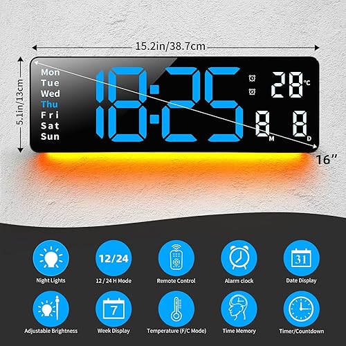 Miniatura 5 de Reloj de pared digital con día y fecha, moderno para sala de estar, silencioso para dormitorios con control remoto (negroazul, 16.2 pulgadas)