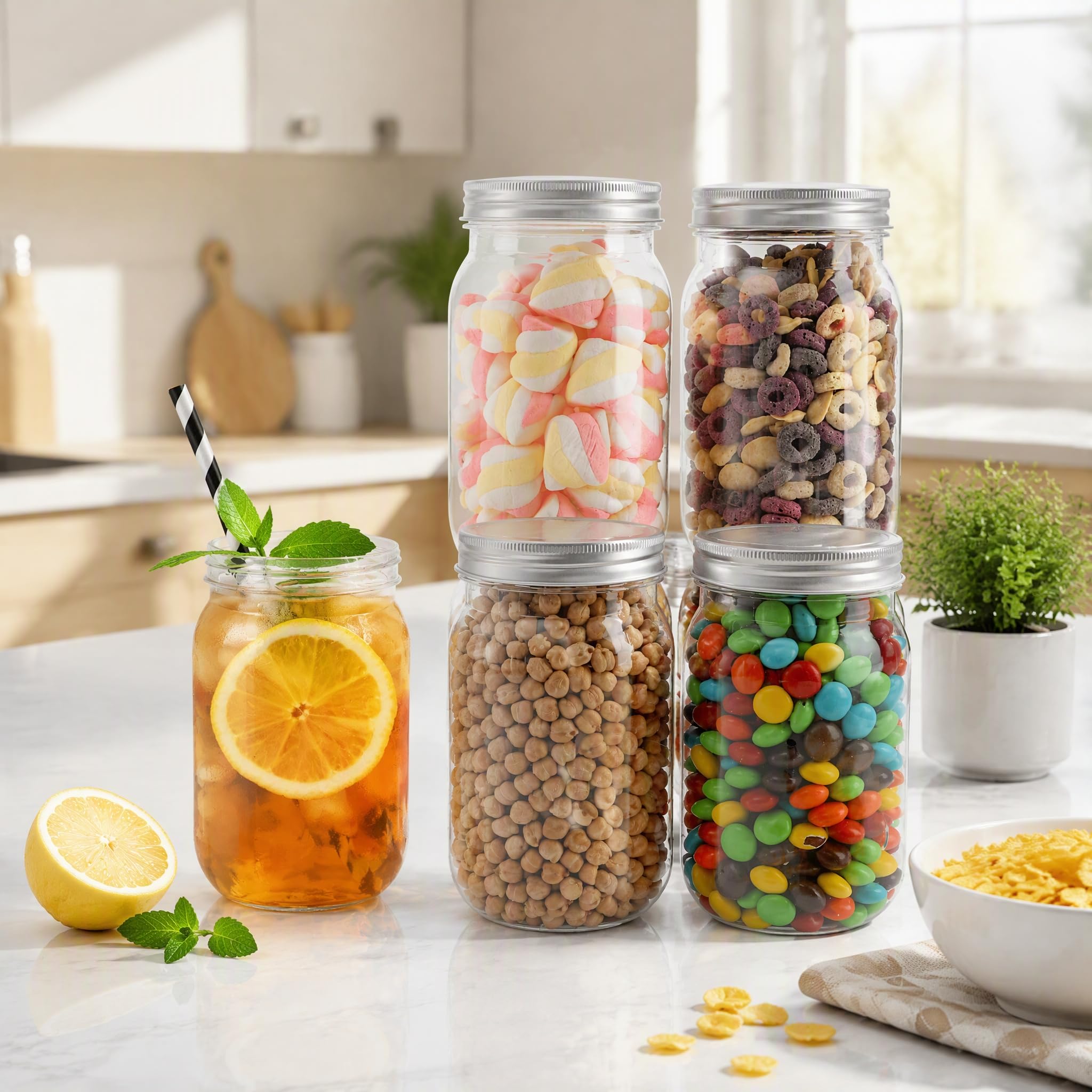 Tebery Lot de 12 bocaux Mason en plastique transparent avec couvercles monobloc, 473,6 g, incassables, vides rechargeables pour avoine, miel, épices et herbes
