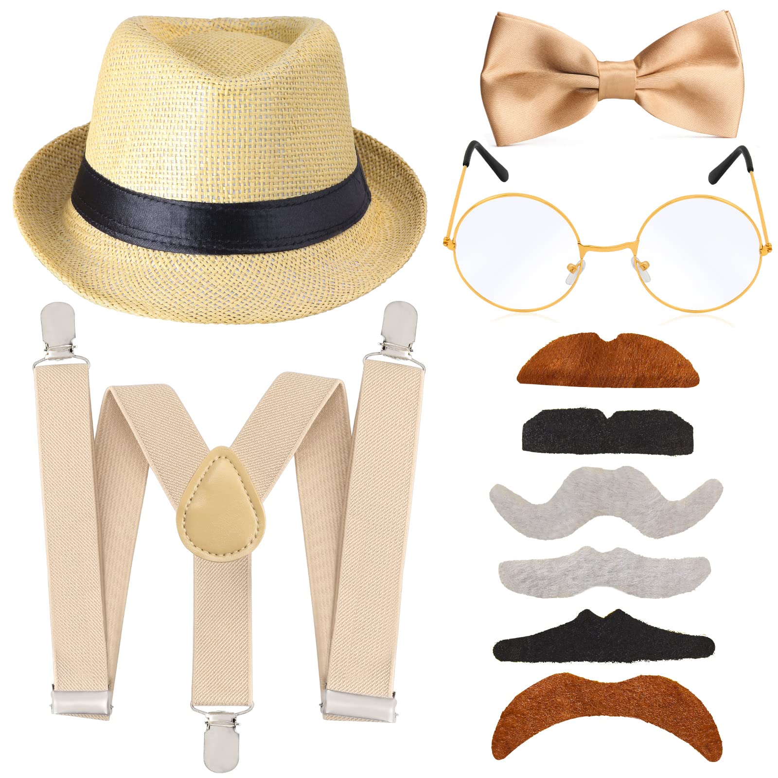 Beelittle 1920s Boys Old Man Costume 52cm Fedora Hat Suspenders Bow Tie Set Adjustable Y Back(G)