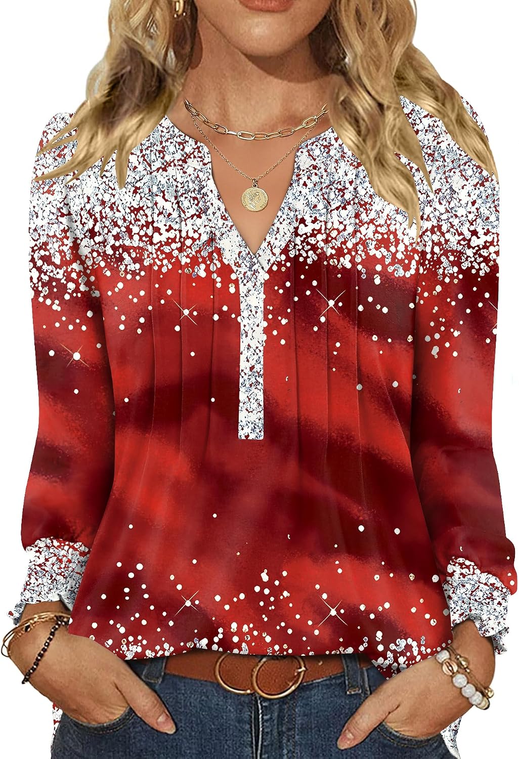 LOMON Womens Tops Dressy Casual Pleated Ruffle Long Sleeve Tunics Tops to Wear with Leggings V Neck Work Blouse