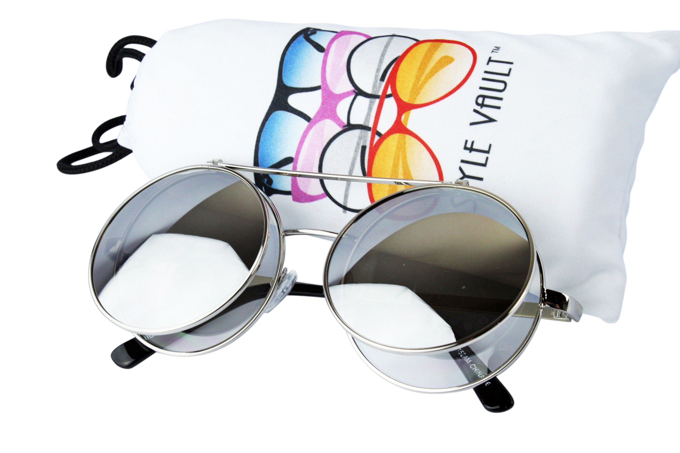 V137-vp Flip Up 2" Width Round Metal Django Sunglasses (C021 Silver-Silver Mirror)