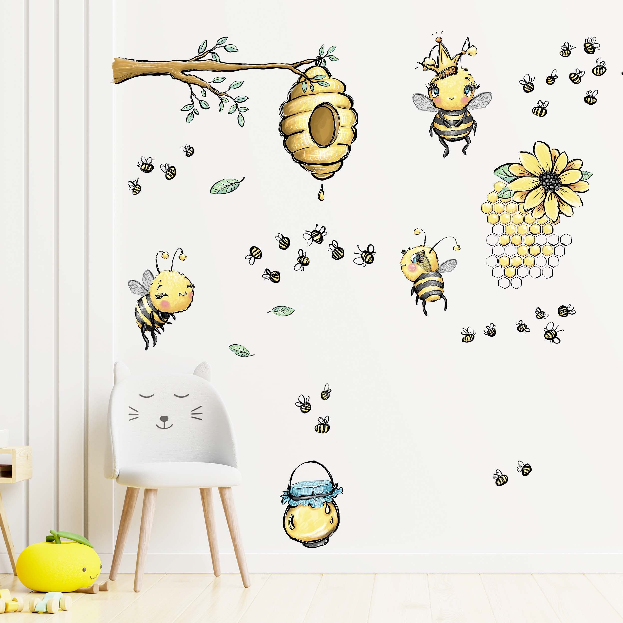 WANDKIND Bienenstock Wandtattoo Kinderzimmer V359 | handgezeichnet | AUFKLEBER Kindergarten | Babyzimmer Wandsticker Bienen Biene Honig (100 x 100 cm)