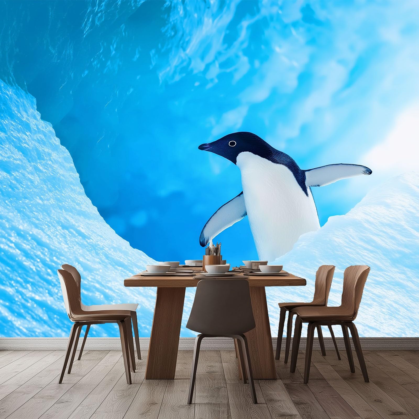 Fototapeta 3D 200 x 140 cm do pokoju dziecięcego realistyczna niebieska tapeta z włókniny jaskinie lodowe i pingwiny - dekoracja ścienna do pokoju chłopców i dziewcząt, łatwy montaż
