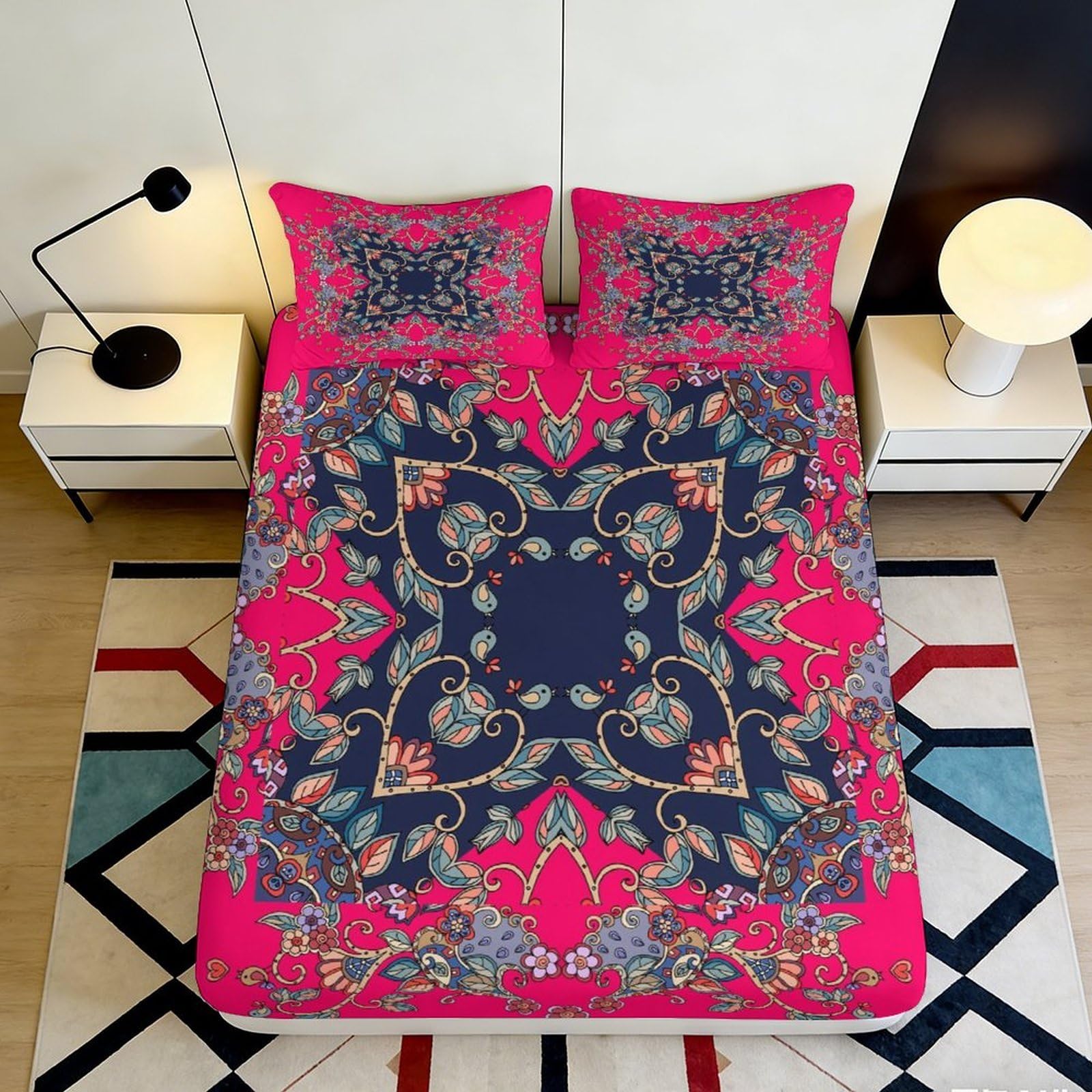 3D Printed Floral Mandala Fitted Sheet Microfiber Soft Breathable Vibrant Pattern Bed Cover for Bedroom Dormitory Guest Room Mattress Protection 160x200x25cm