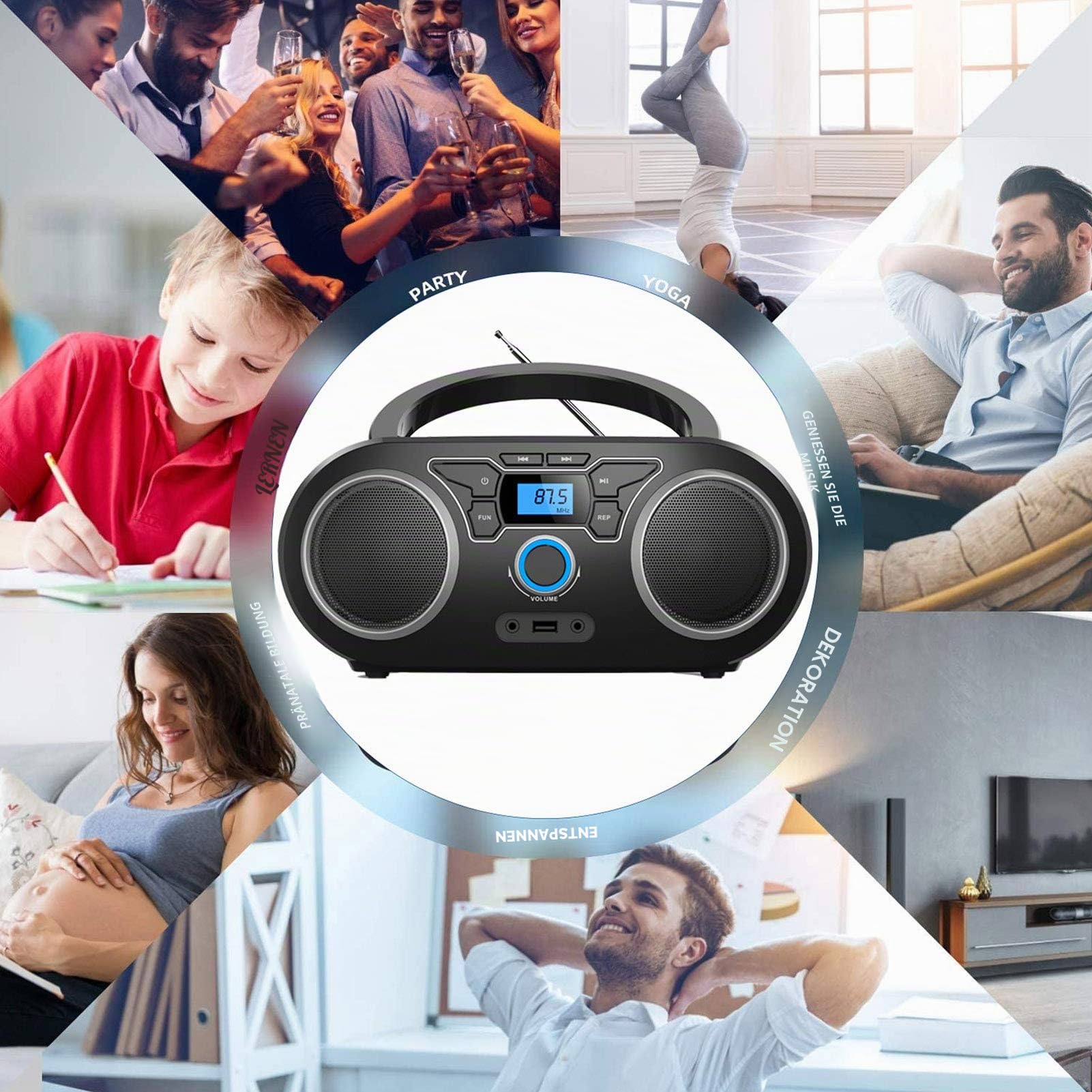 Tragbares CD Radio (CD-Player, Boomboxen, UKW Radio, USB, Batterie/Netzbetrieb, Kopfhöreranschluss, AUX-In, 2x2 W),CD Spieler für Hause oder draußen