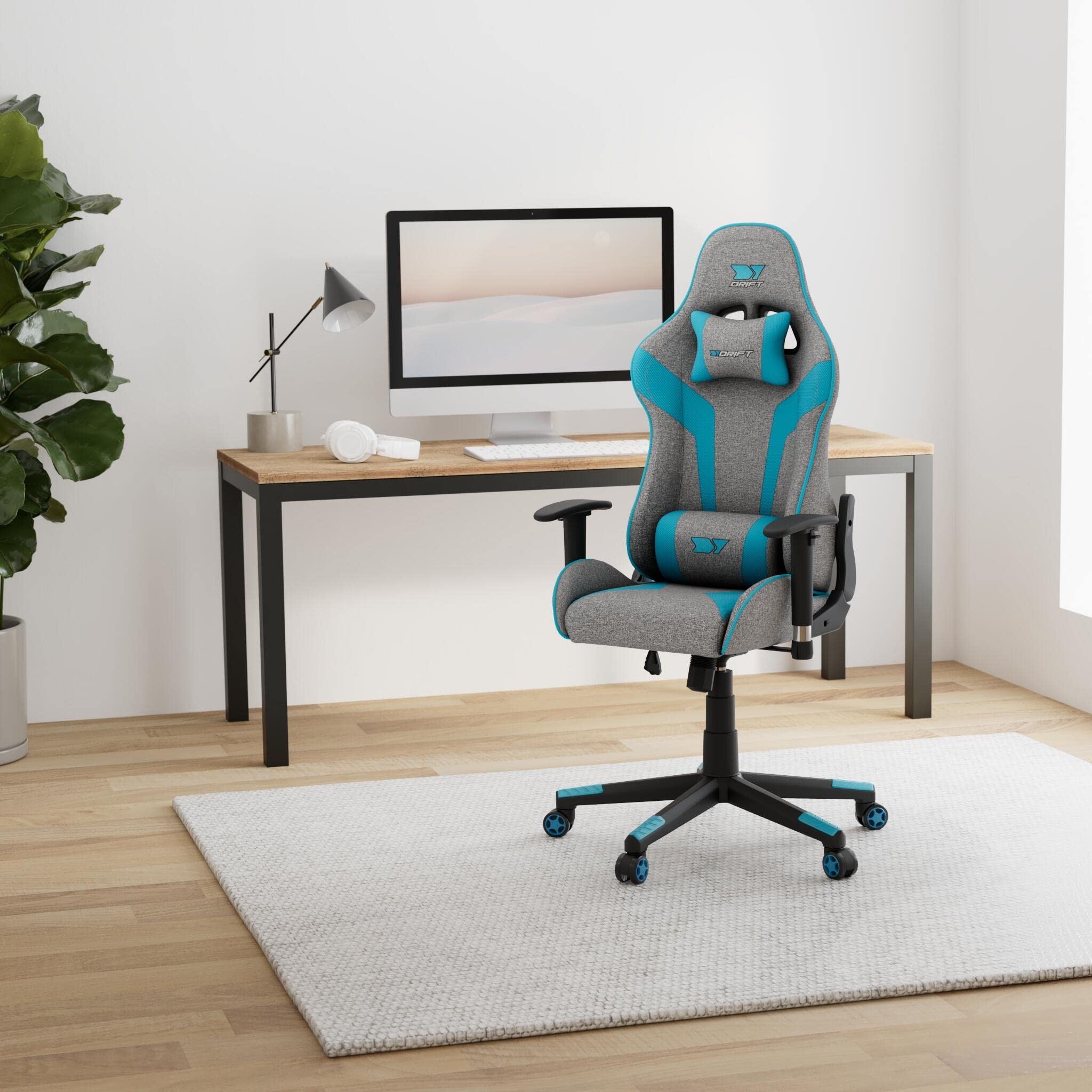 DRIFT Gaming Chair DR90 -DR90GBL - Professionele Gaming Stoel, ademende stof, gestoffeerde 2D armleuningen, versterkte nylon basis, klasse 4 zuiger, kantelen, lumbaal/cervicaal kussen, grijs/blauw