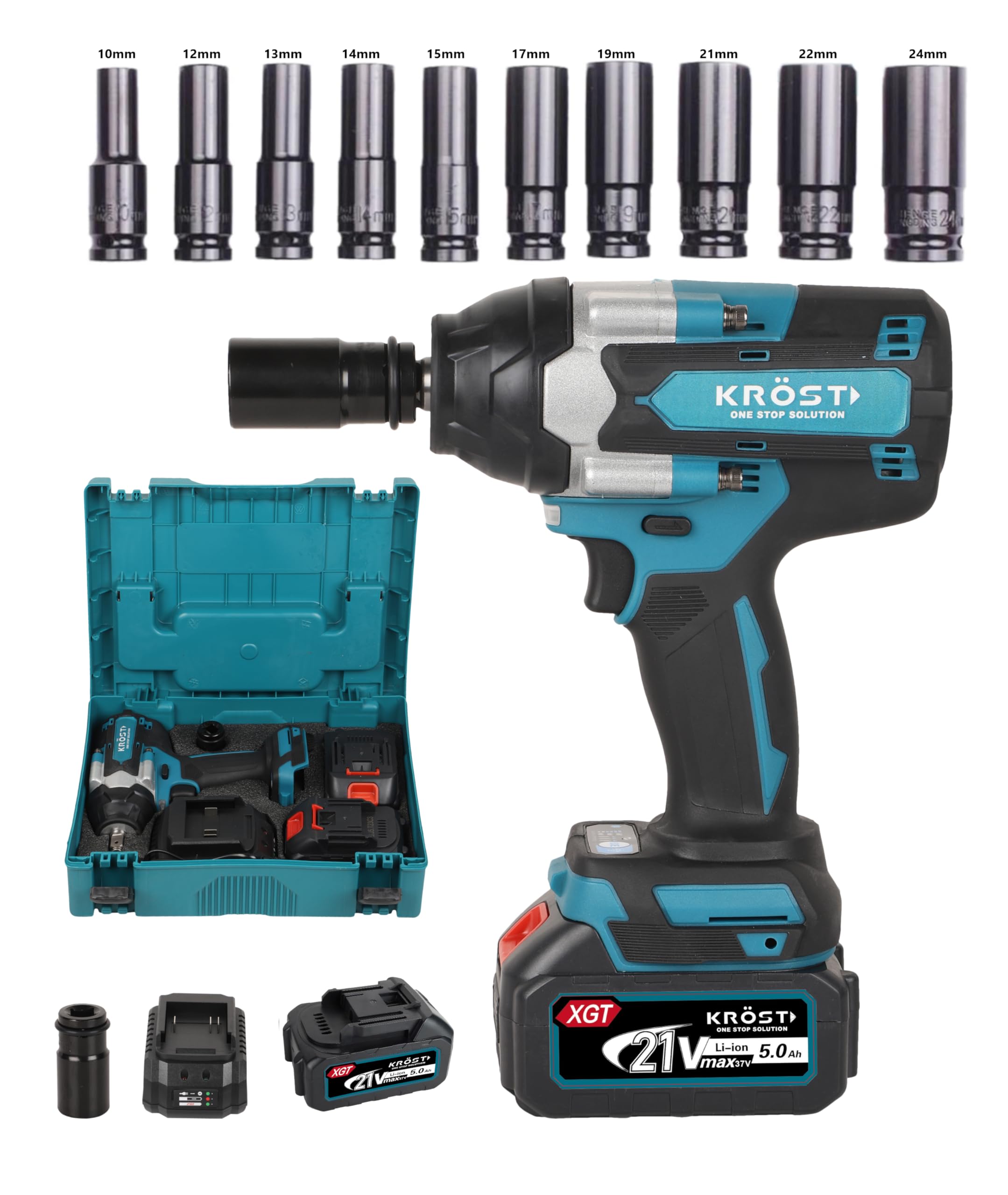 Krost Pro Series 700Nm Combo Torque Cordless Impact Wrench 1/2", Brushless Motor Li-Ion Batteries, Auto Stop Function (Impact Wrench + 10Pcs Impact Socket) - Fixed Square-picture-22